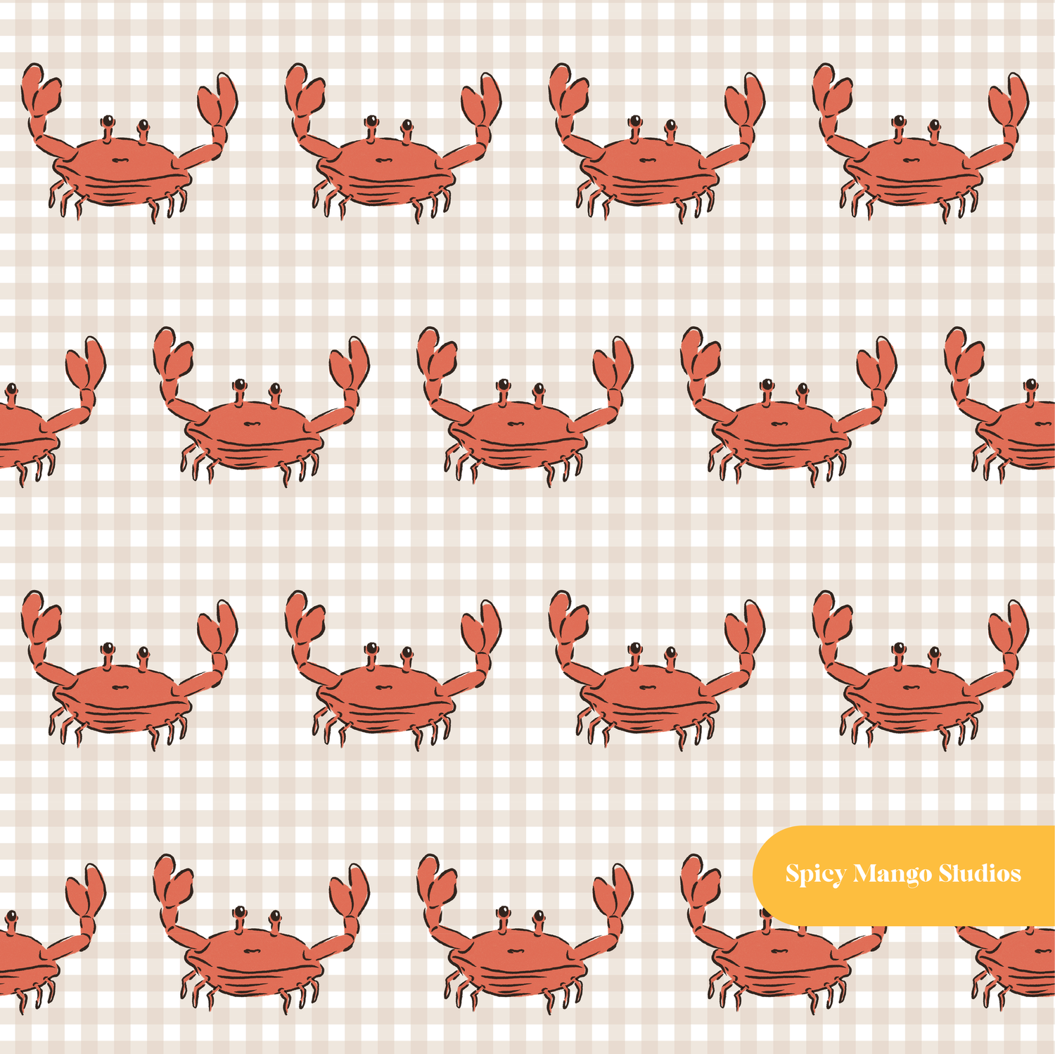 Beige Mini Gingham Crabby Seamless Pattern