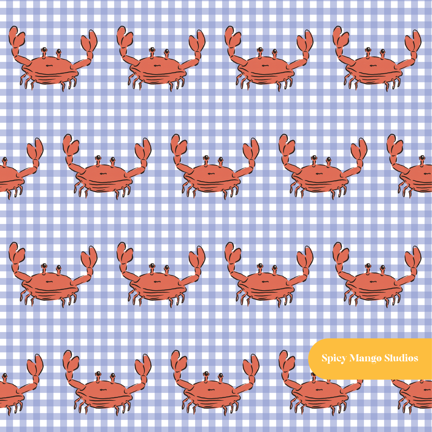 Blue Mini Gingham Crabby Seamless Pattern