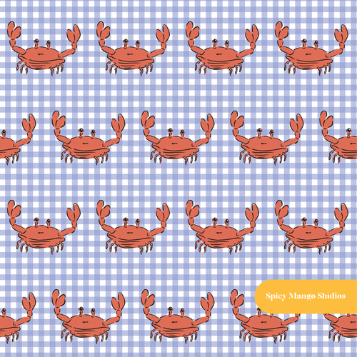 Blue Mini Gingham Crabby Seamless Pattern
