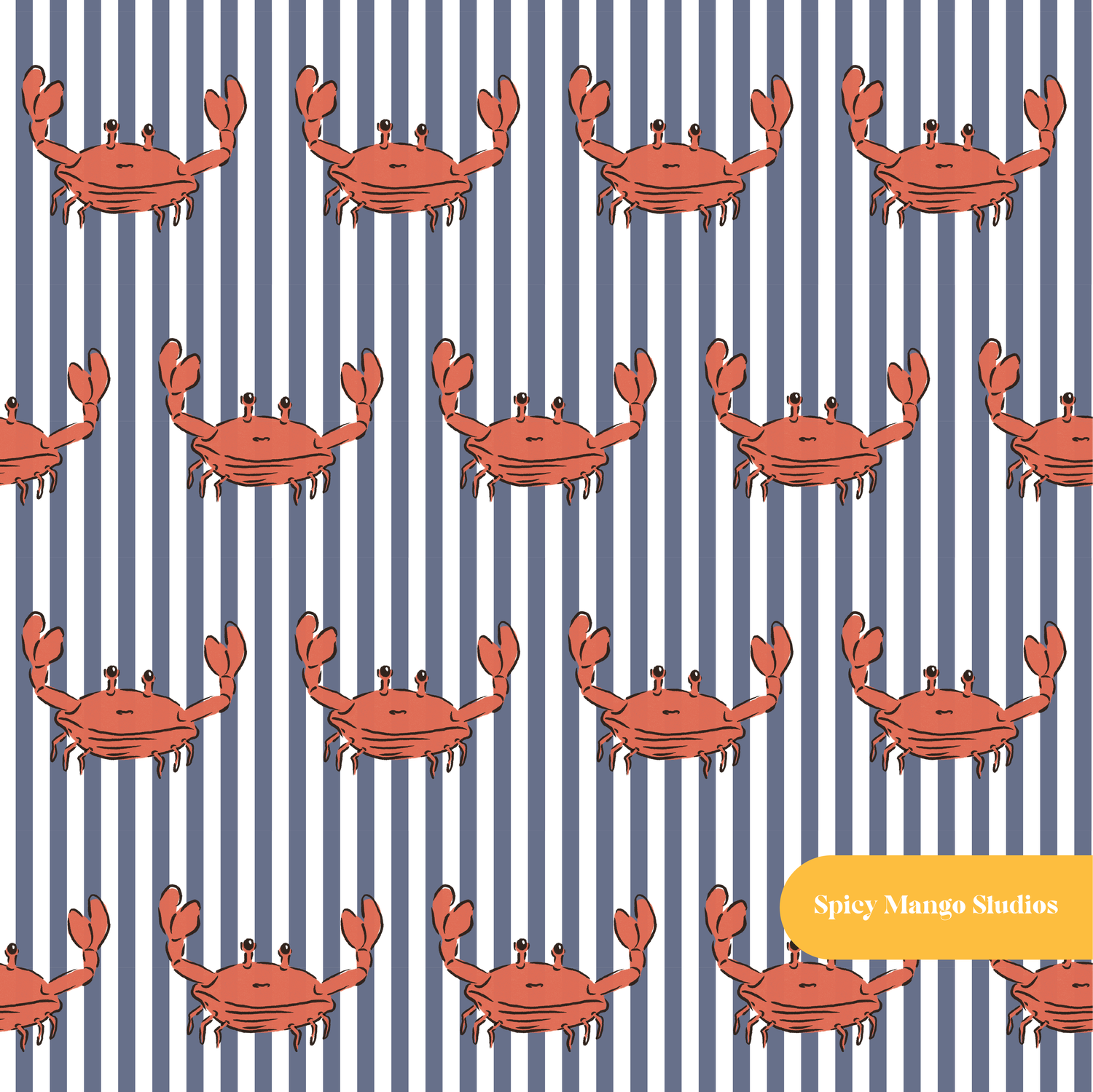 Navy Pinstripe Crabby Seamless Pattern