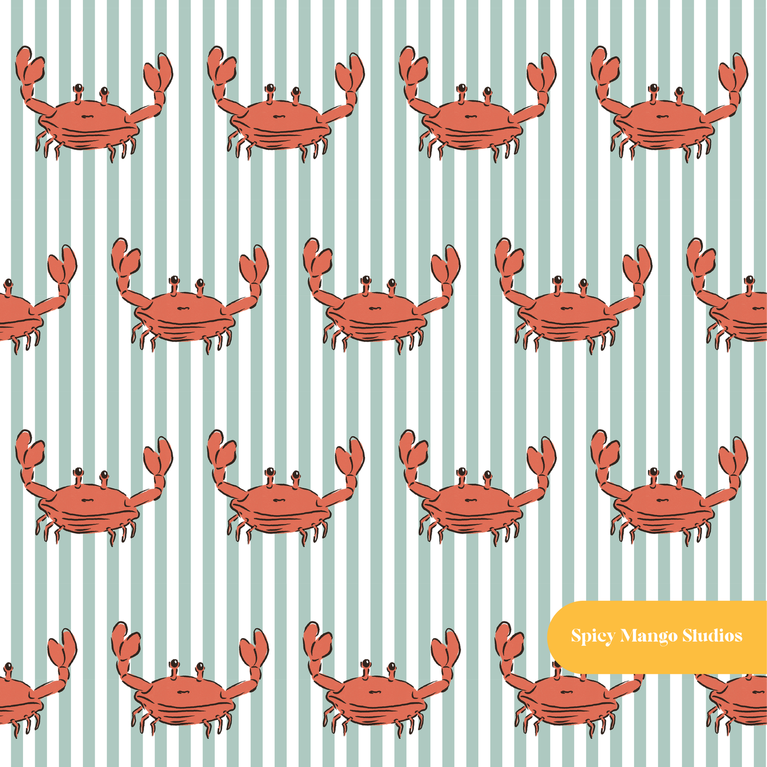 Sage Pinstripe Crabby Seamless Pattern
