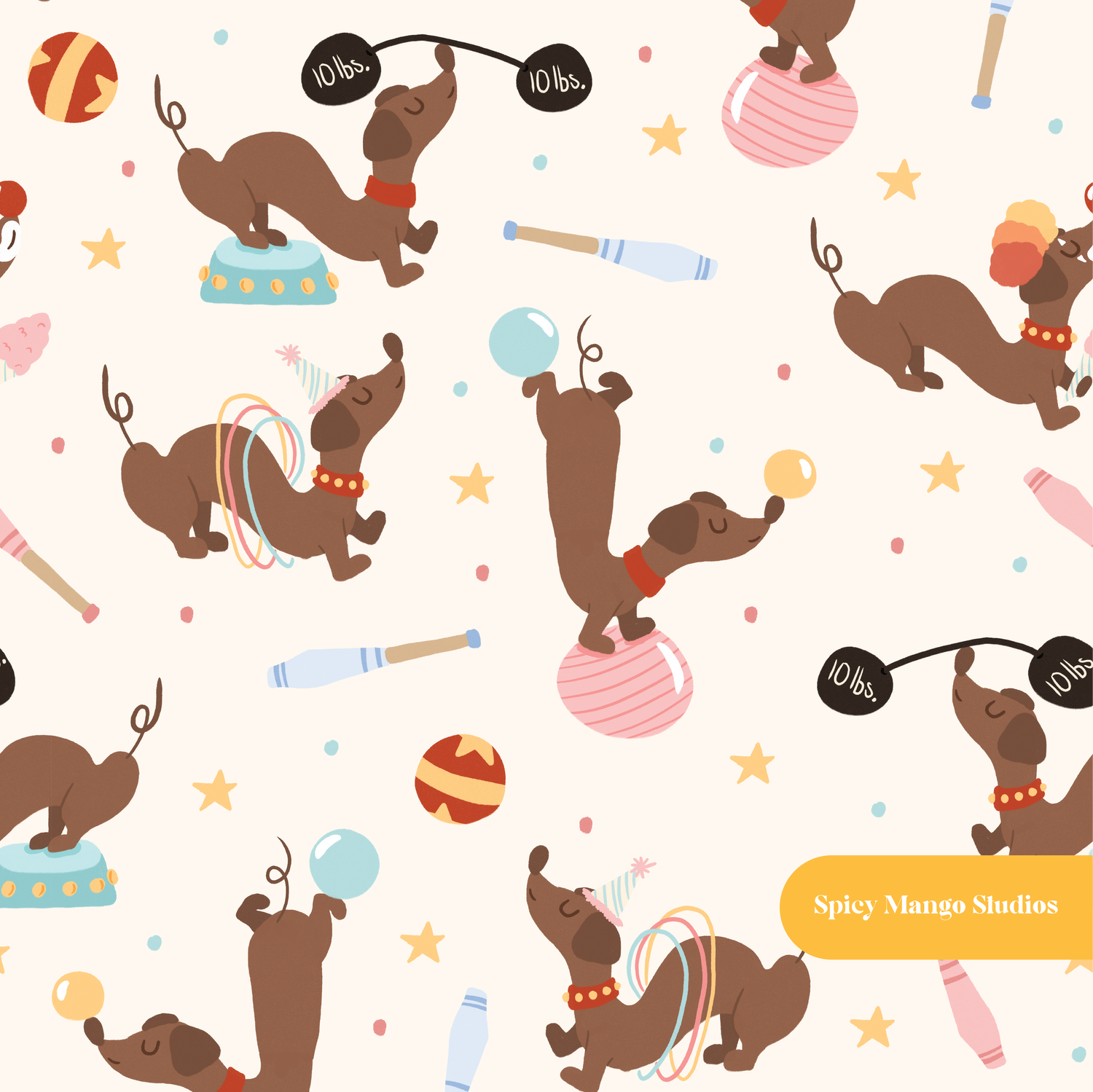 Neutral Circus Dachshund Seamless Pattern
