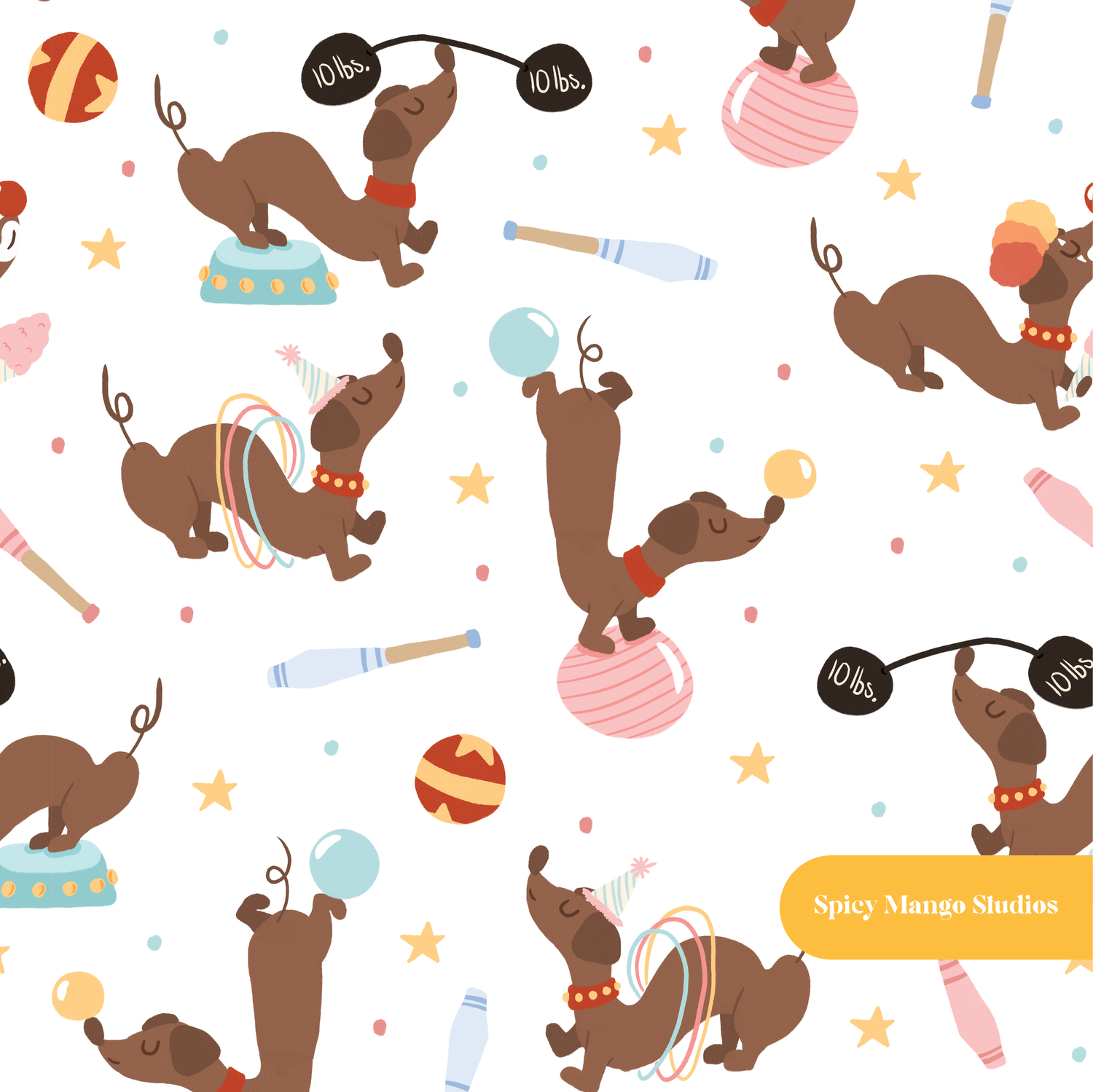 White Circus Dachshund Seamless Pattern