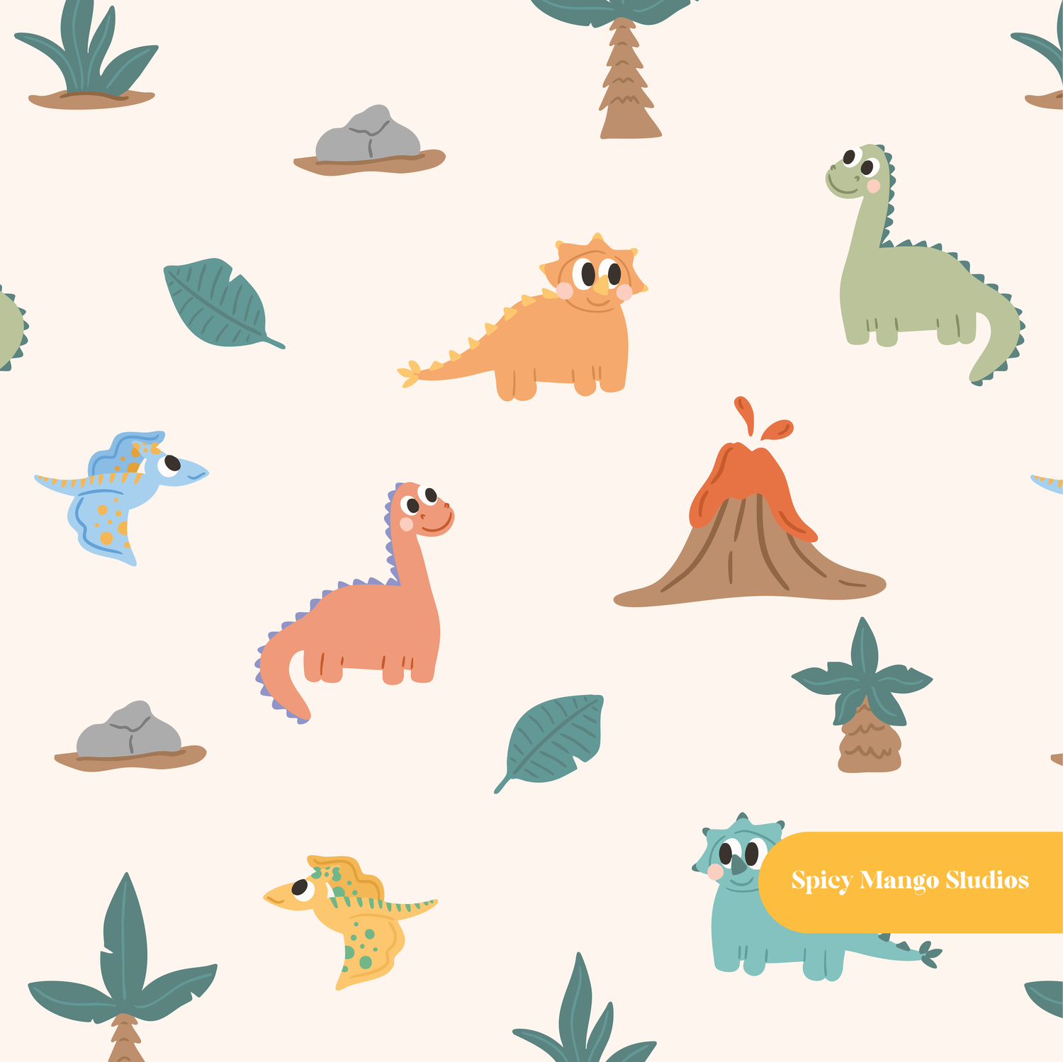 Neutral Cute Dinosaurs Seamless Pattern