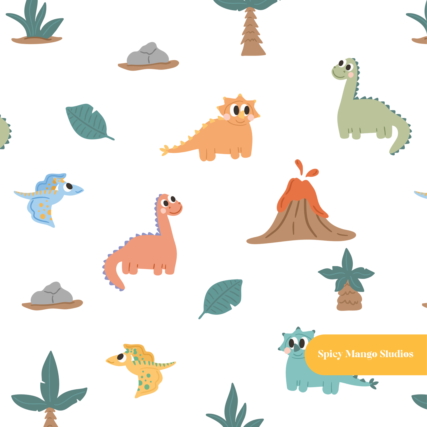White Cute Dinosaurs Seamless Pattern