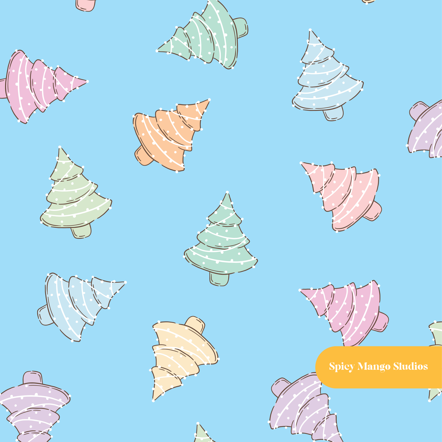 Blue Cute Christmas Trees Seamless Pattern