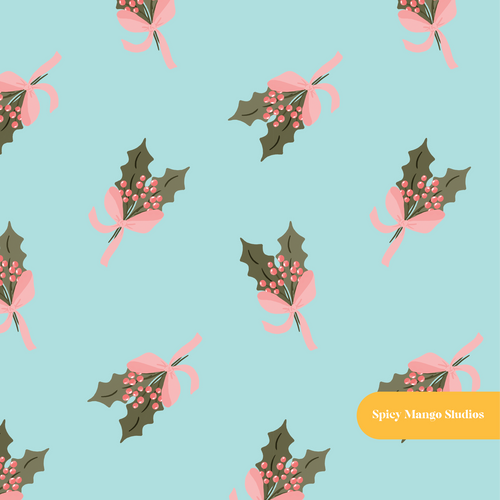 Aqua Cute Winter Holly Seamless Pattern – Digital Download