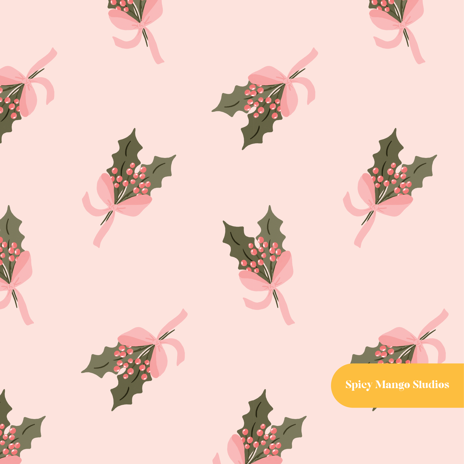 Pink Cute Winter Holly Seamless Pattern – Digital Download