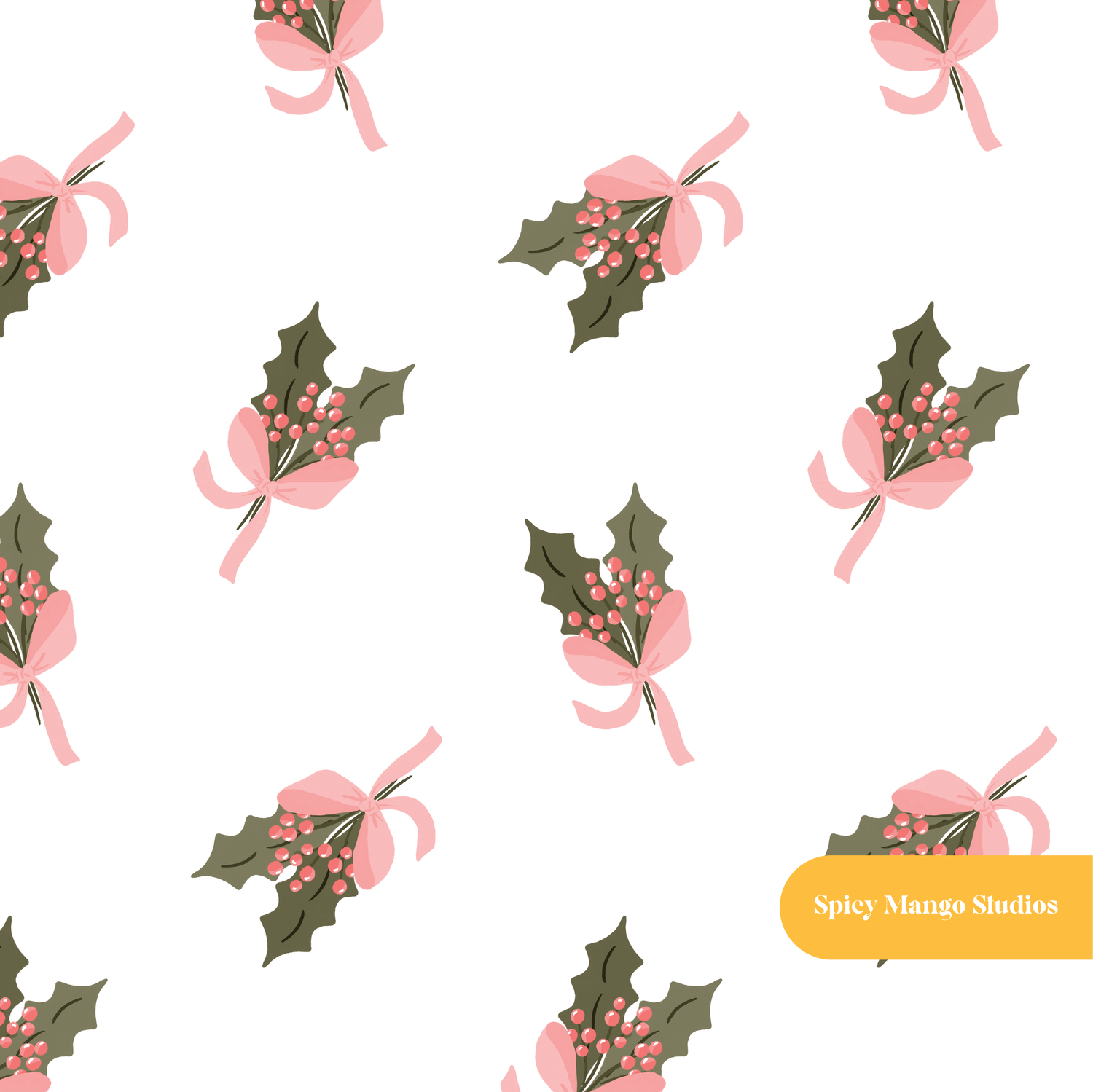 White Cute Winter Holly Seamless Pattern – Digital Download