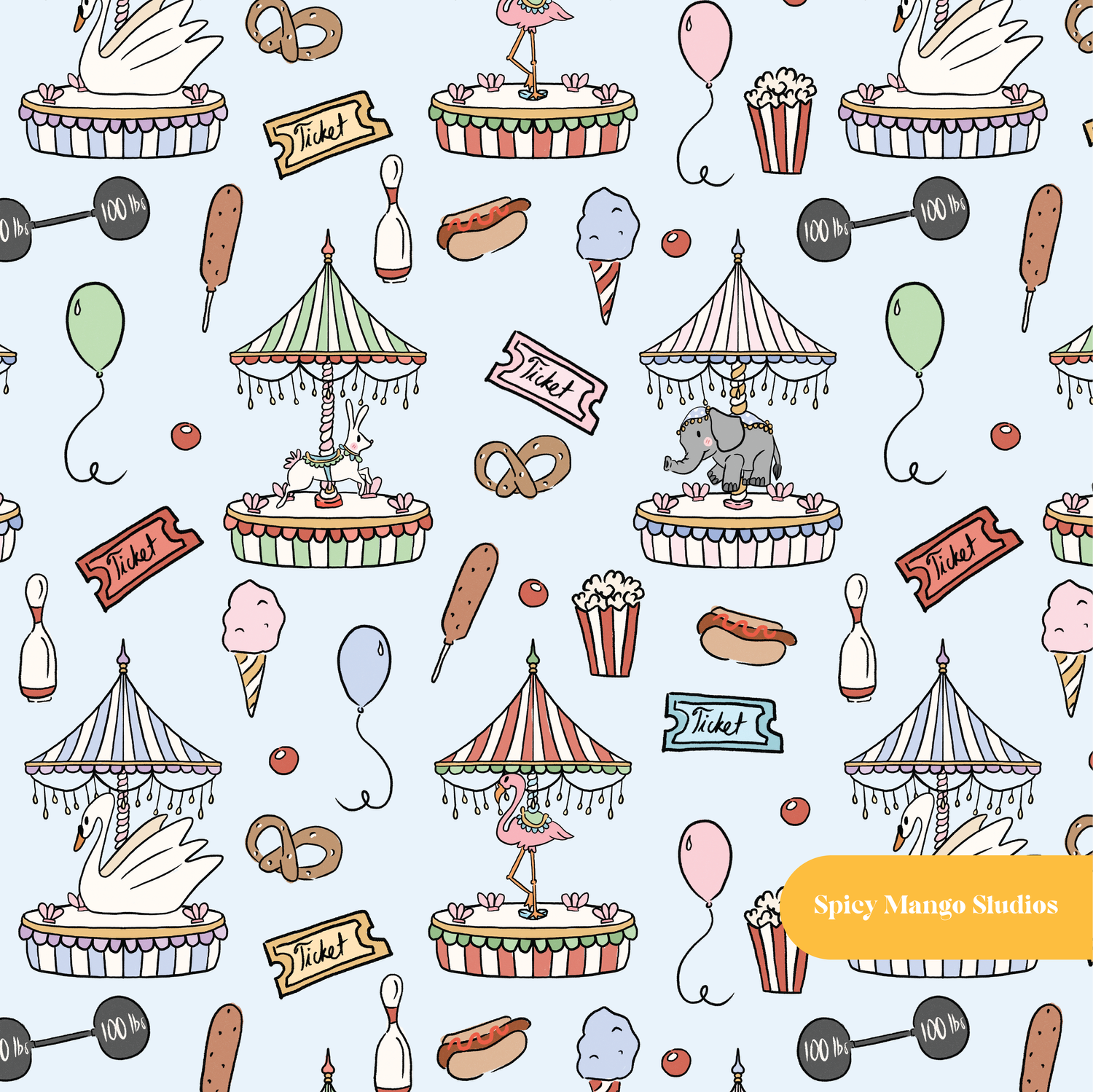 Pastel Blue Carousel Wonderland Seamless Pattern – Digital Download
