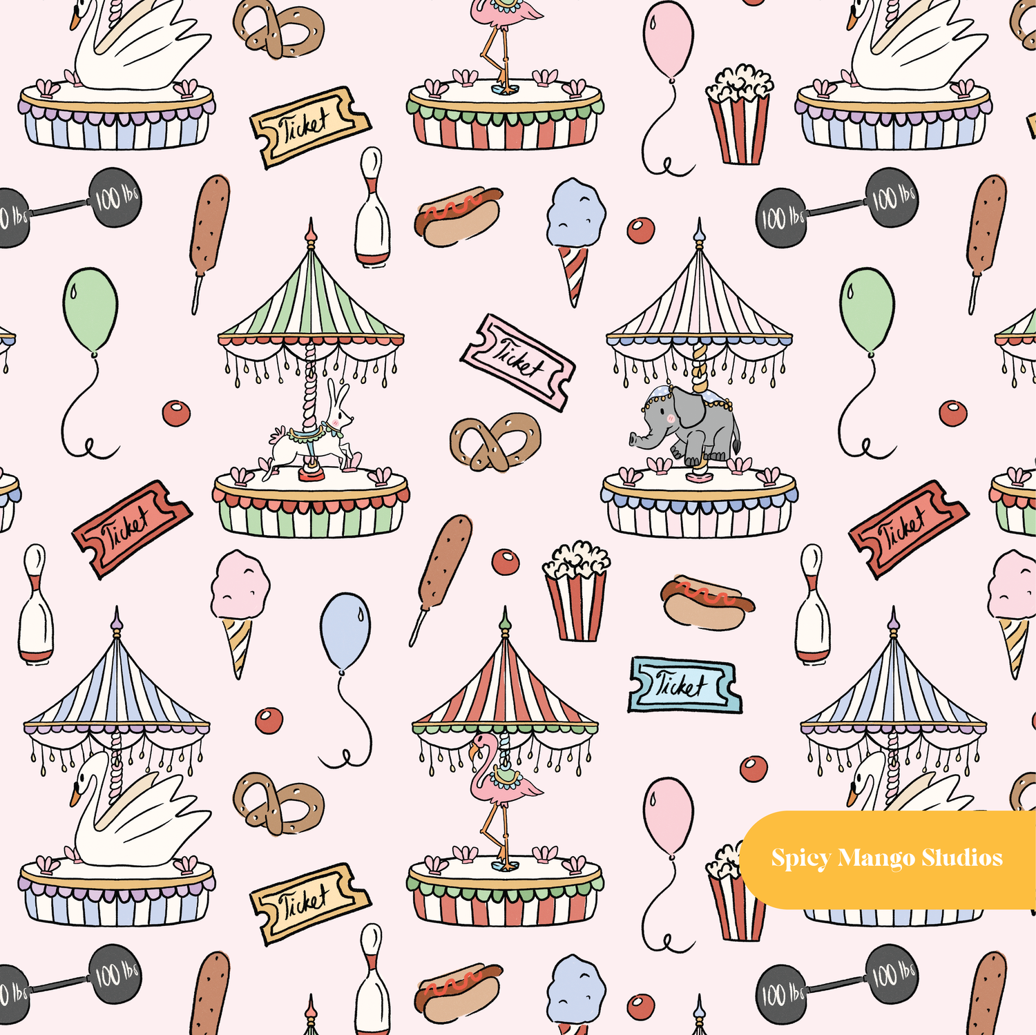 Pastel Pink Carousel Wonderland Seamless Pattern – Digital Download
