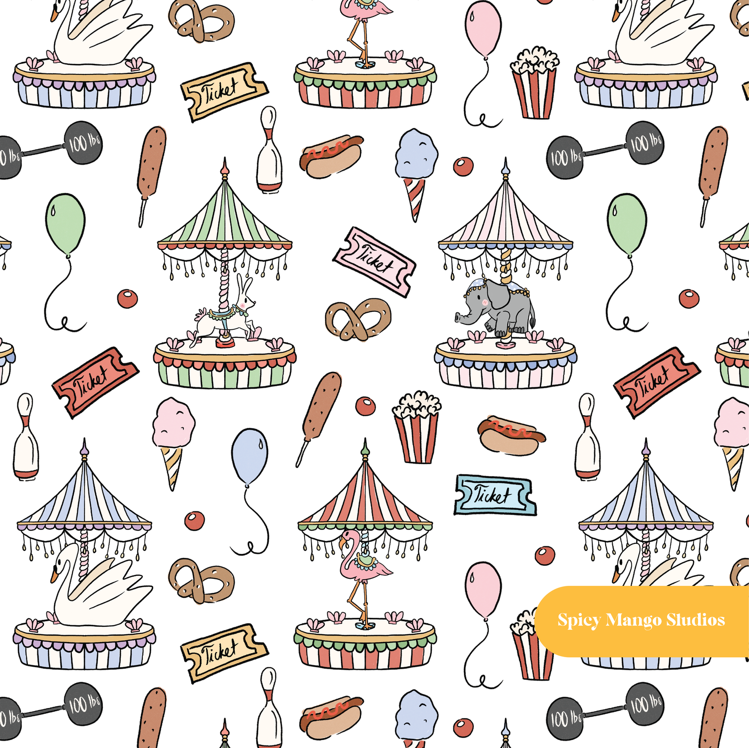 White Carousel Wonderland Seamless Pattern – Digital Download