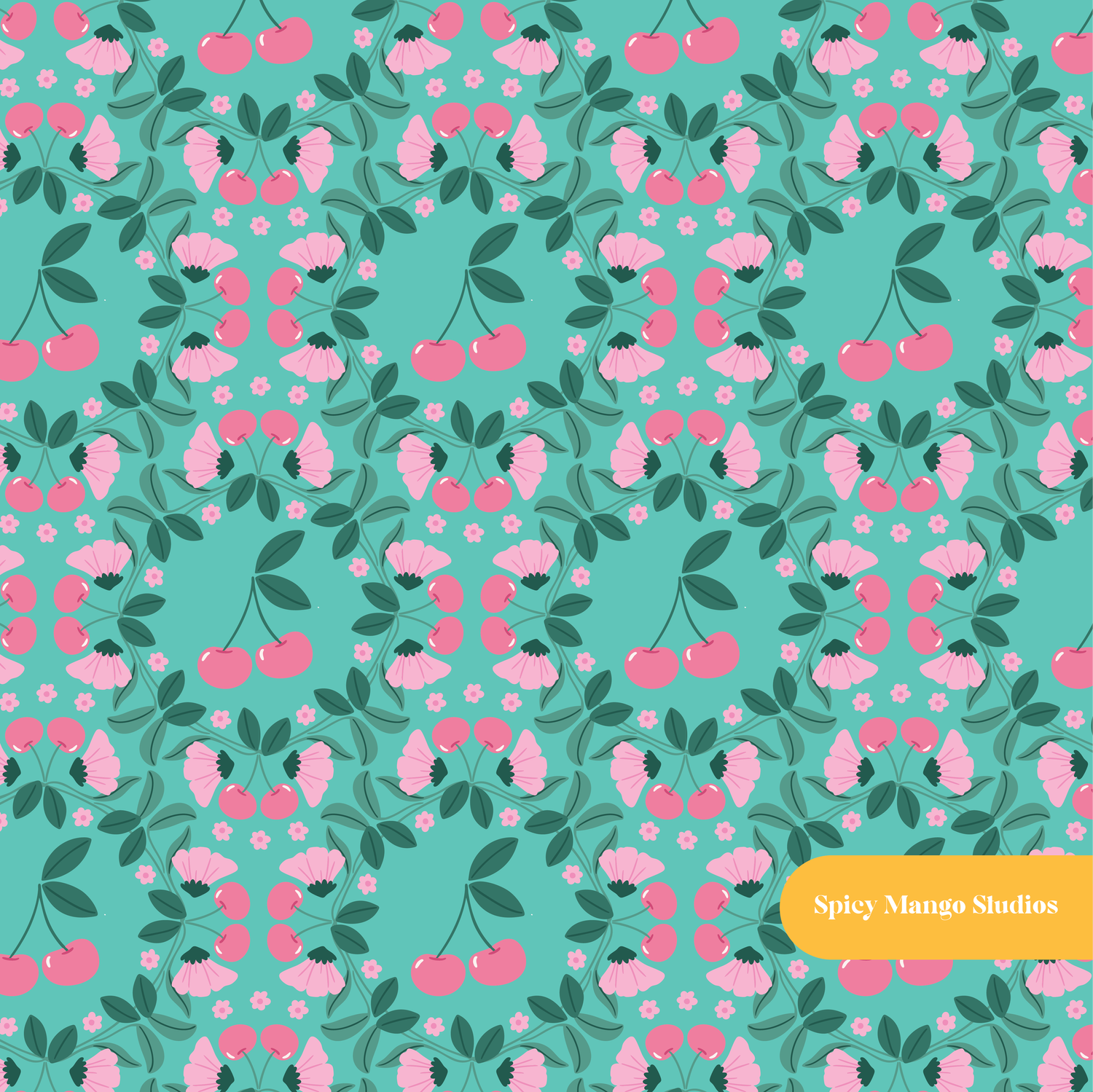 Teal and Pink Dylan Cherry Floral Seamless Pattern