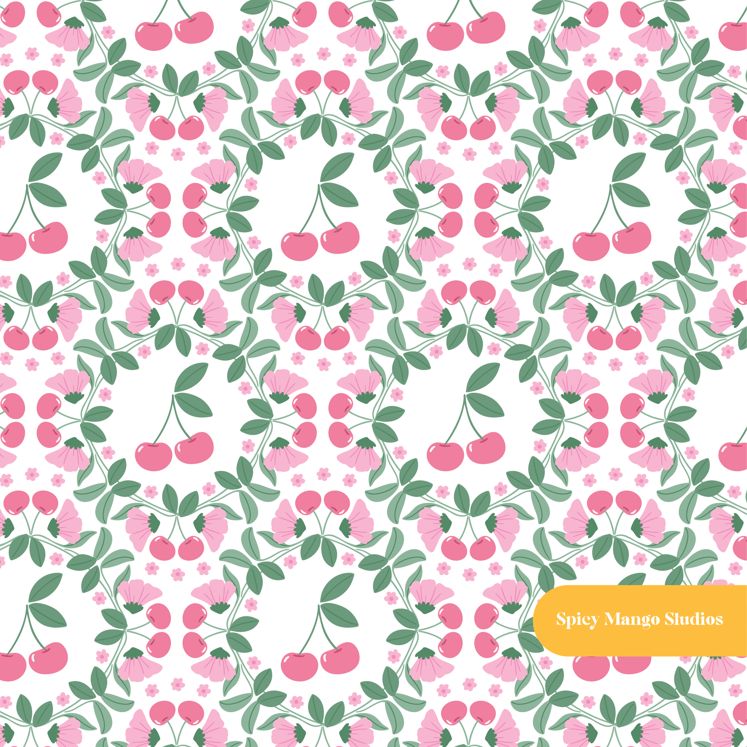 White and Pink Dylan Cherry Floral Seamless Pattern