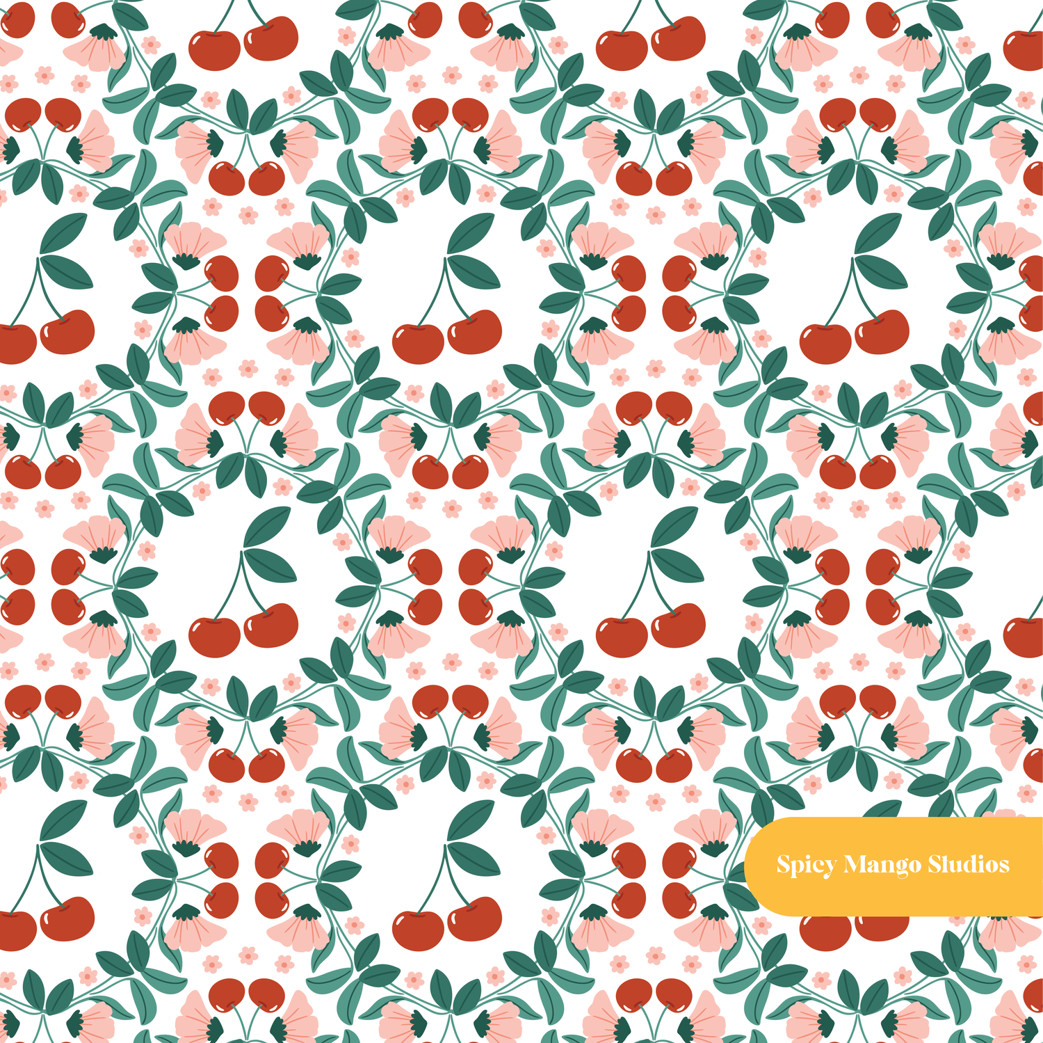 White and Red Dylan Cherry Floral Seamless Pattern