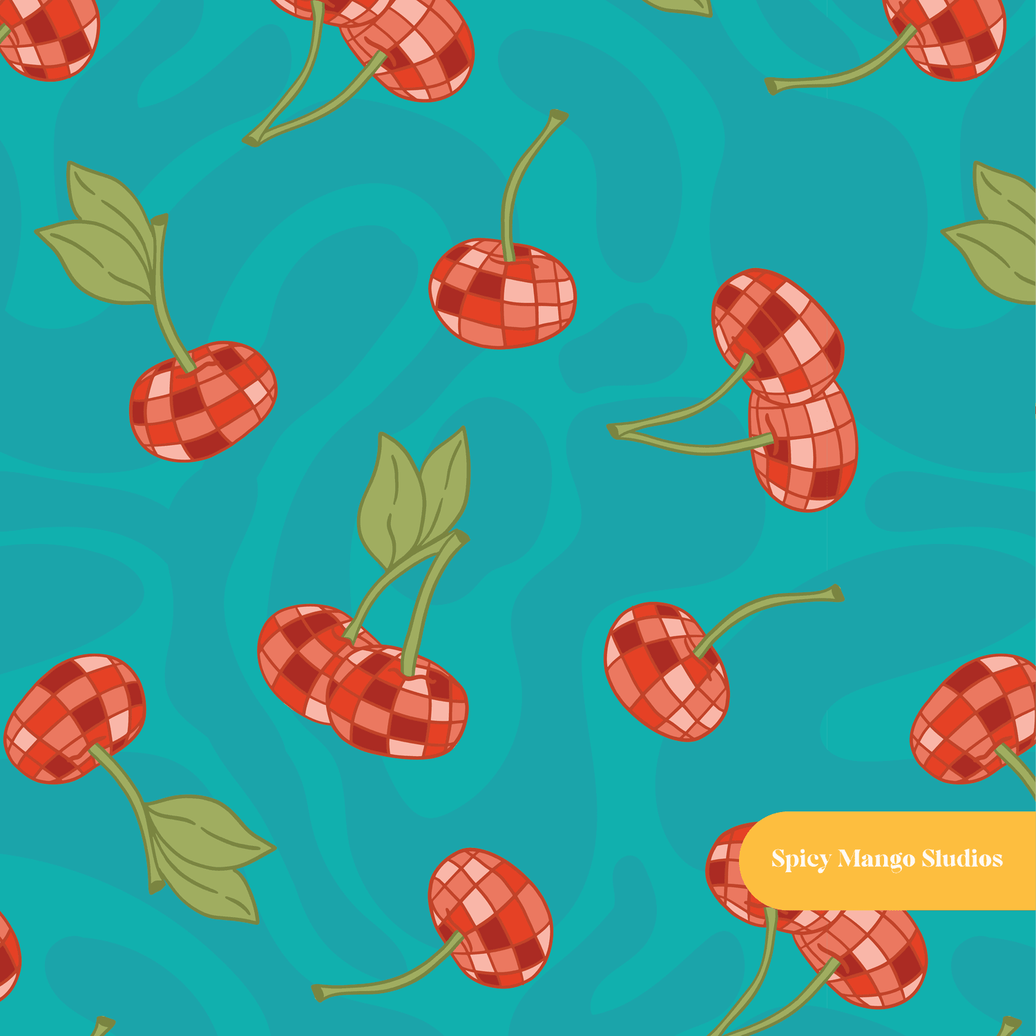 Teal Cherry Disco Seamless Pattern