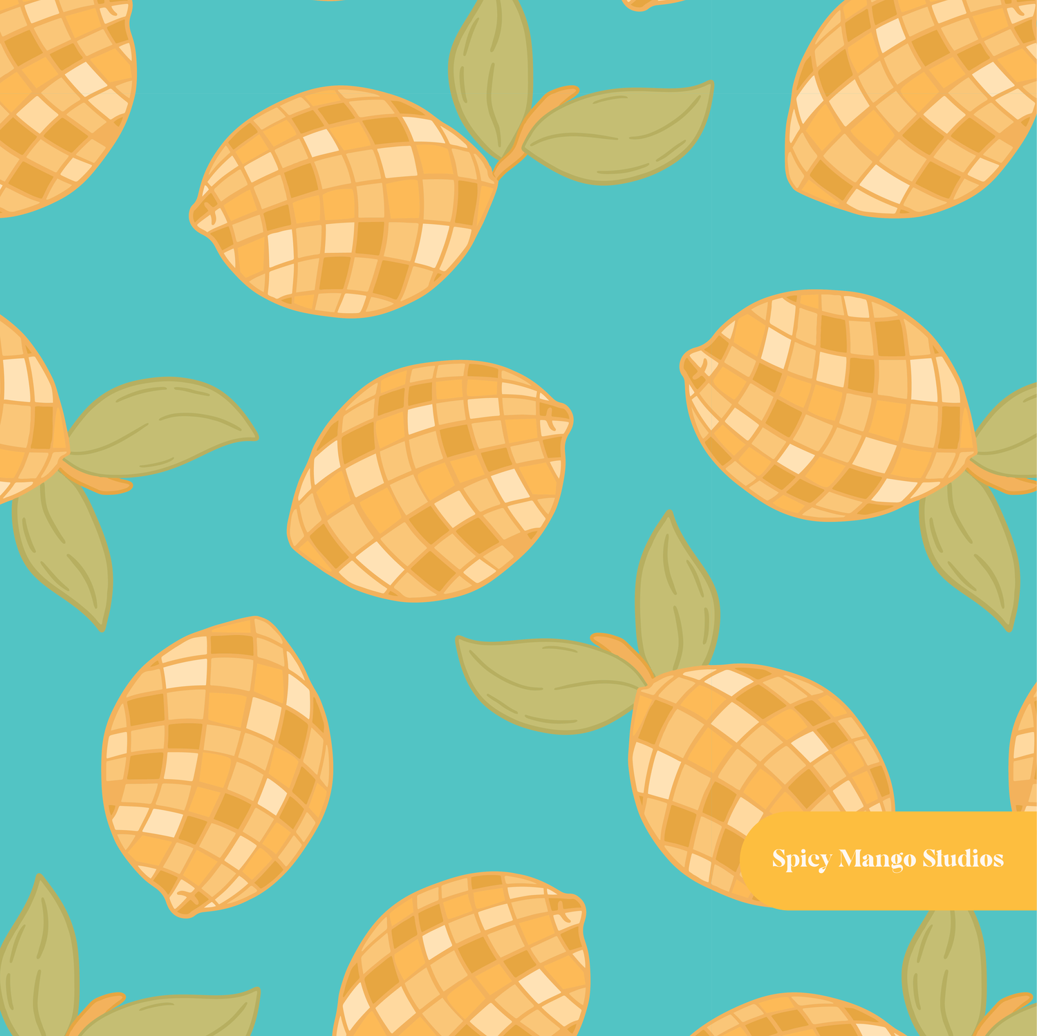 Teal Disco Lemons Seamless Pattern