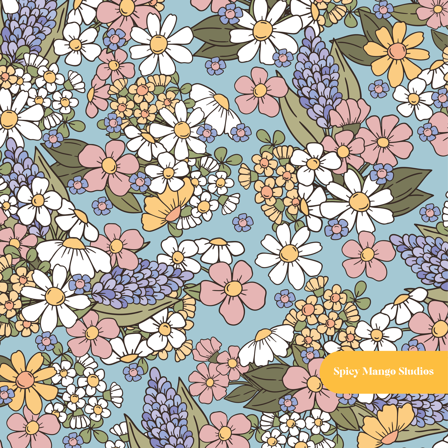 Dusty Blue Dusty Fall Floral Seamless Pattern