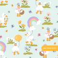 Mint Ducky Garden Floral Seamless Pattern