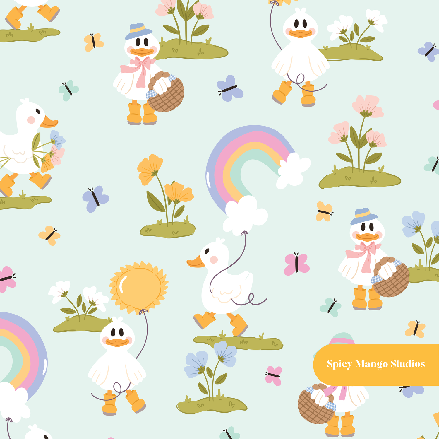 Mint Ducky Garden Floral Seamless Pattern