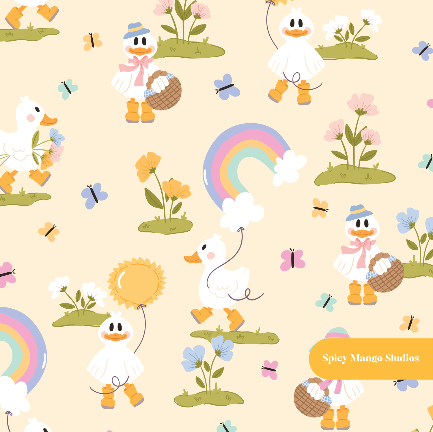 Pastel Yellow Ducky Garden Floral Seamless Pattern