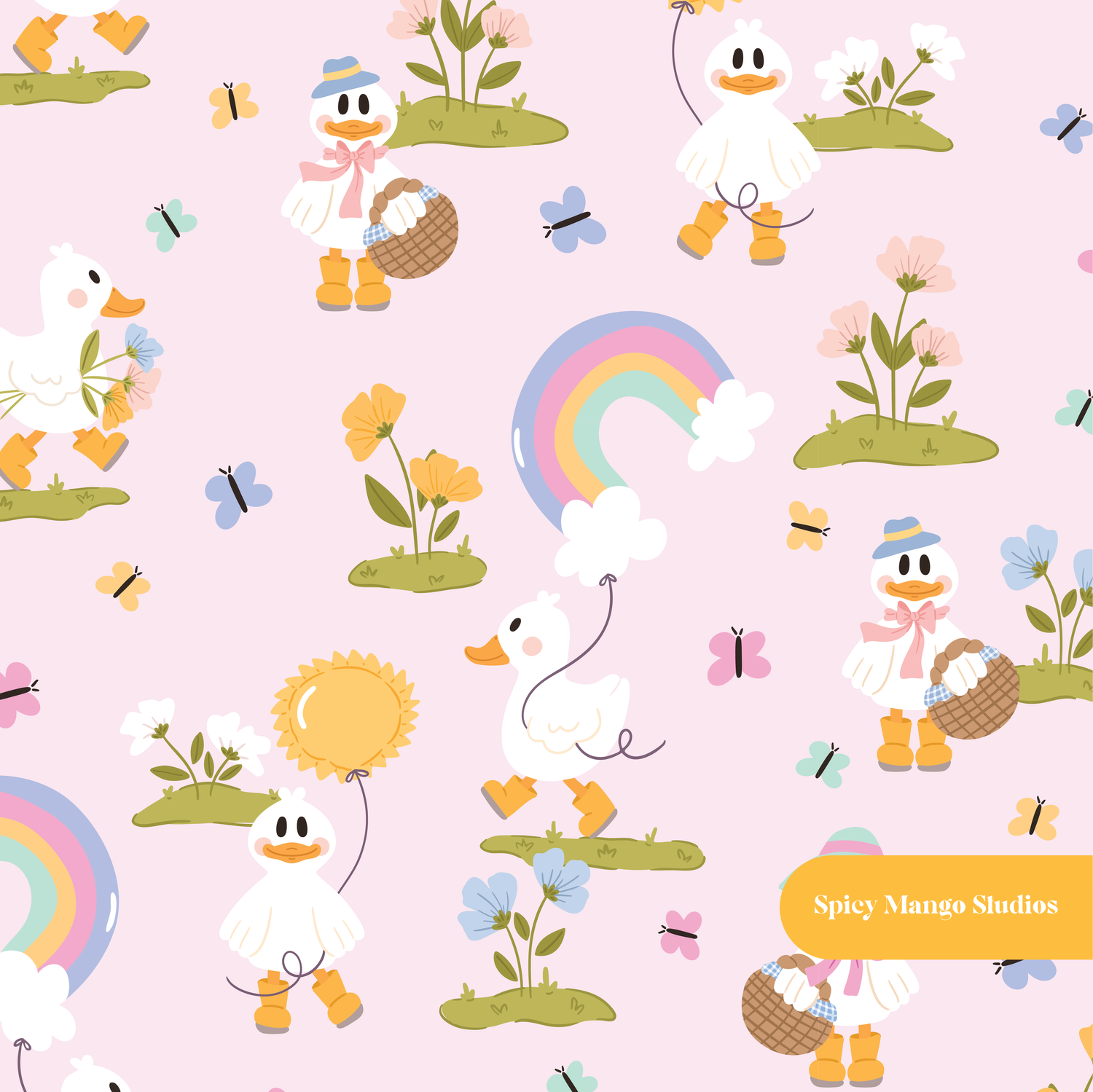 Pink Ducky Garden Floral Seamless Pattern