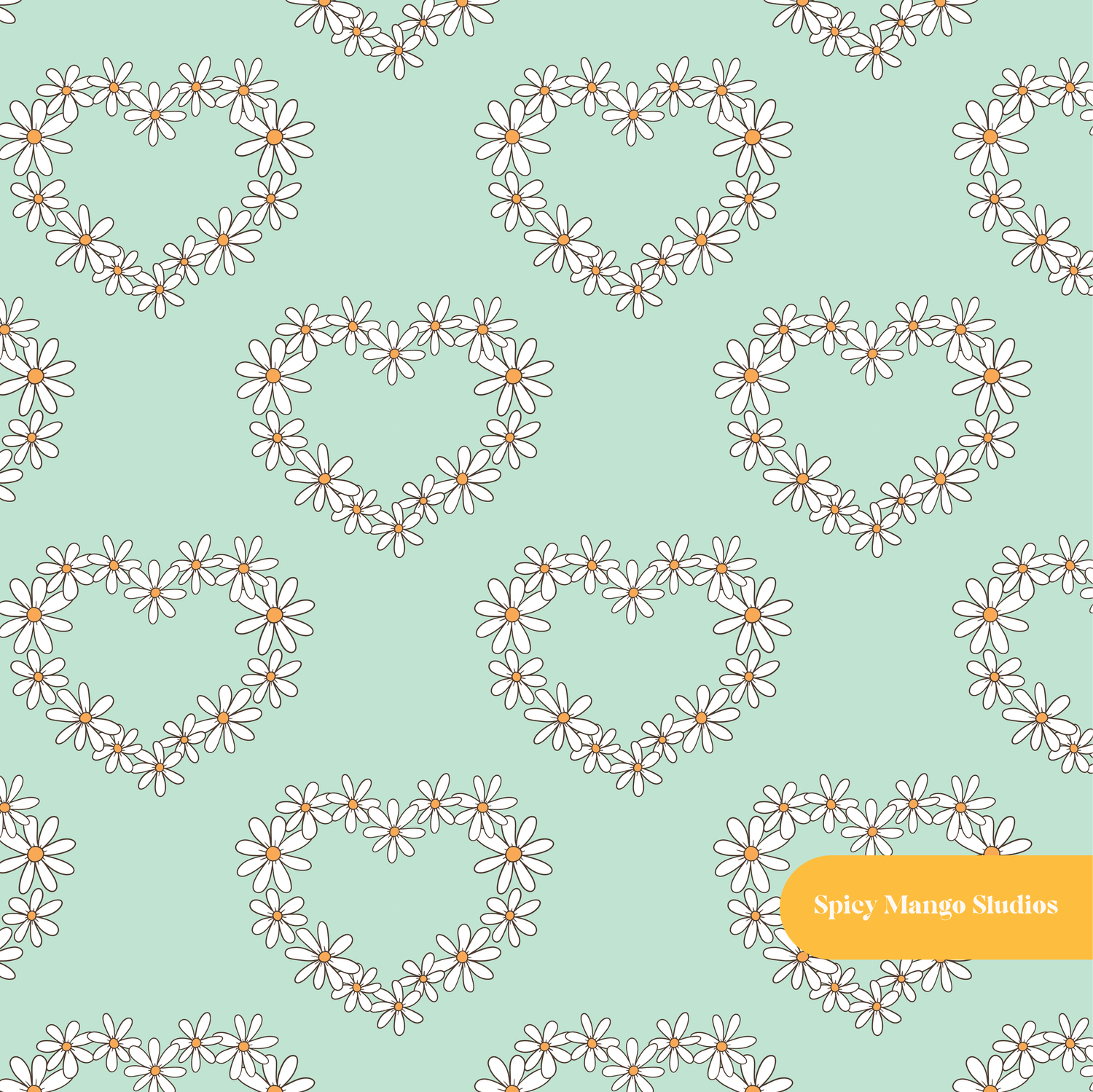Mint Daisy Hearts Seamless Pattern