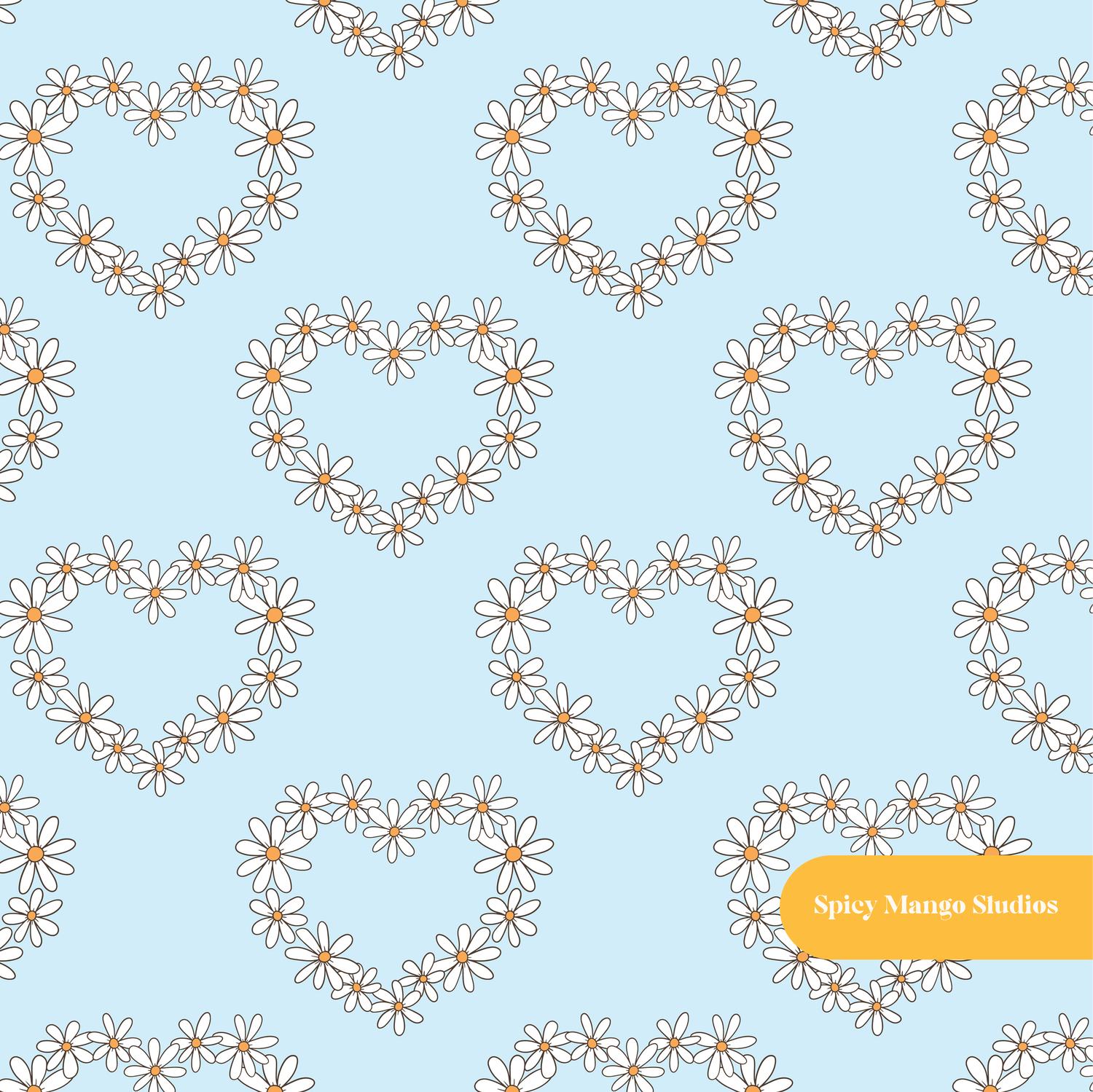 Pastel Blue Daisy Hearts Seamless Pattern