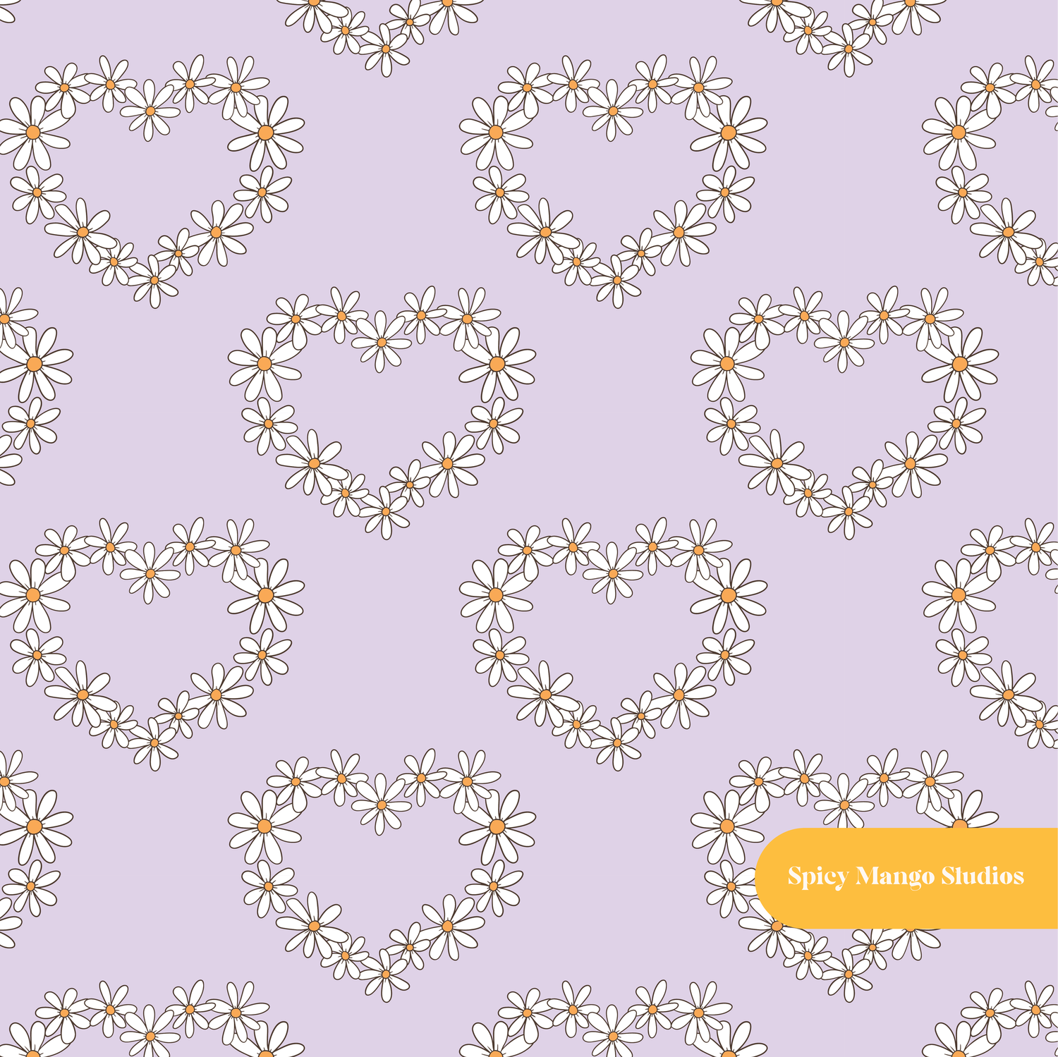 Pastel Purple Daisy Hearts Seamless Pattern