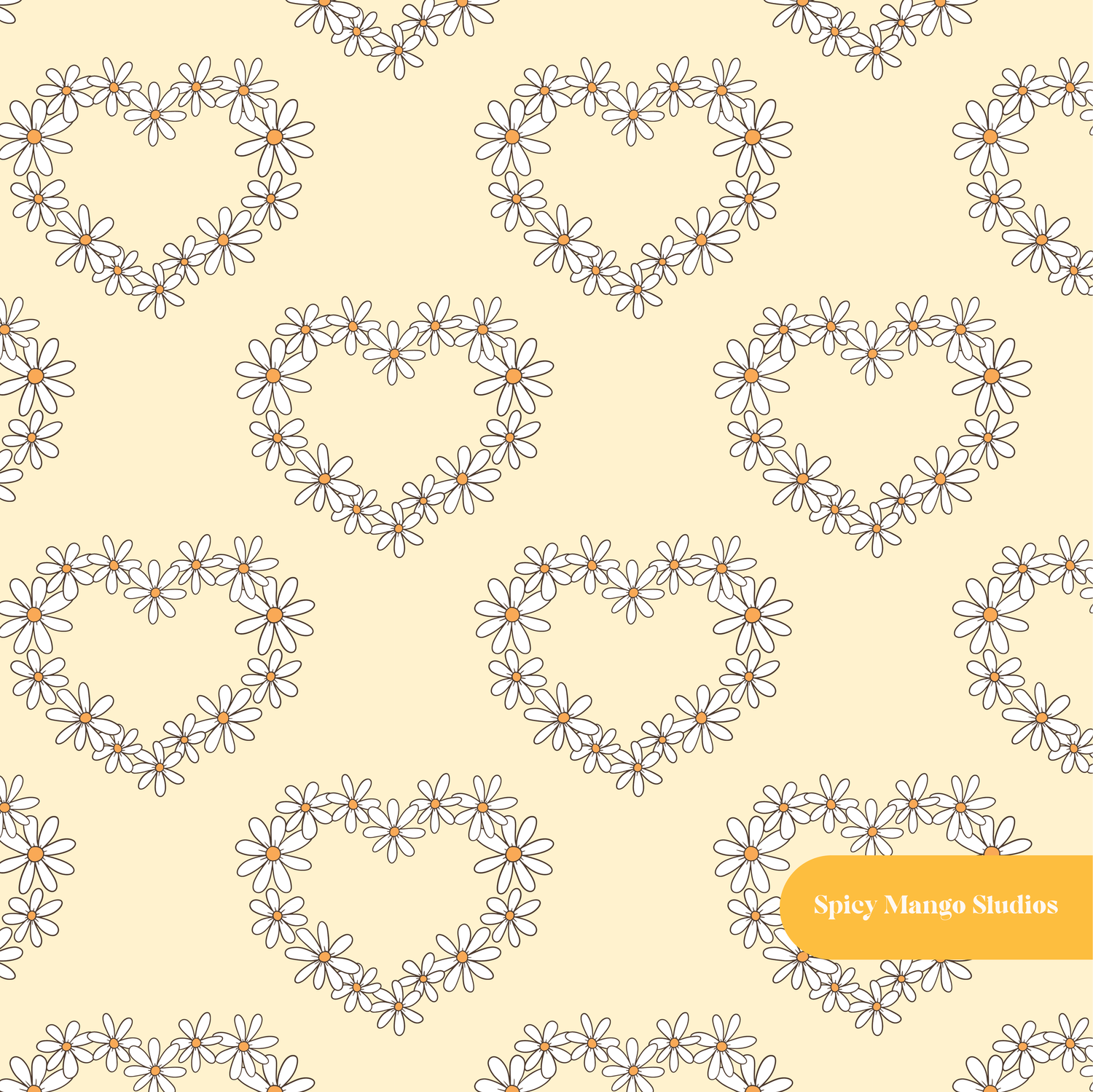 Pastel Yellow Daisy Hearts Seamless Pattern