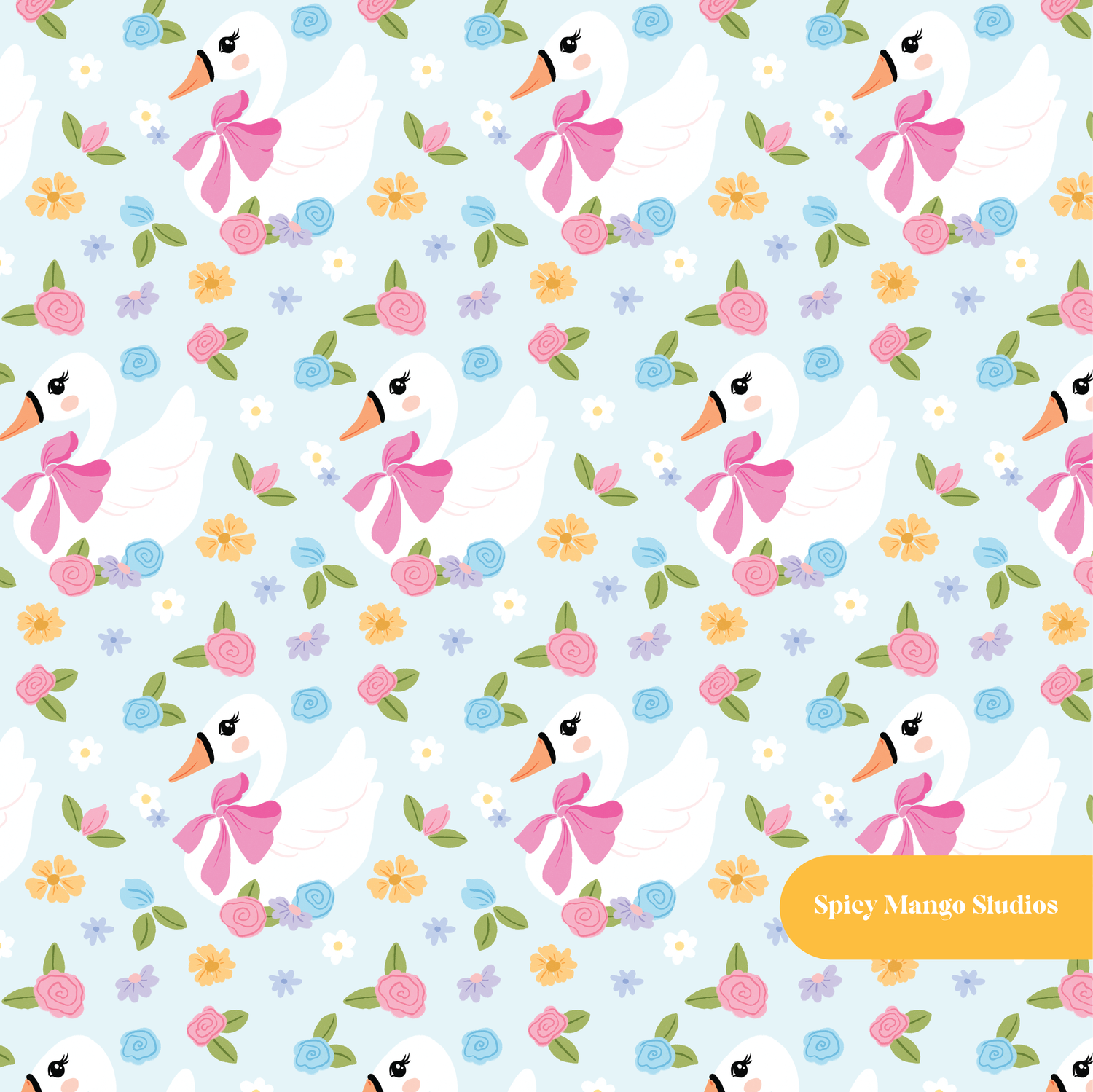 Pastel Blue Elegant Swan Seamless Pattern