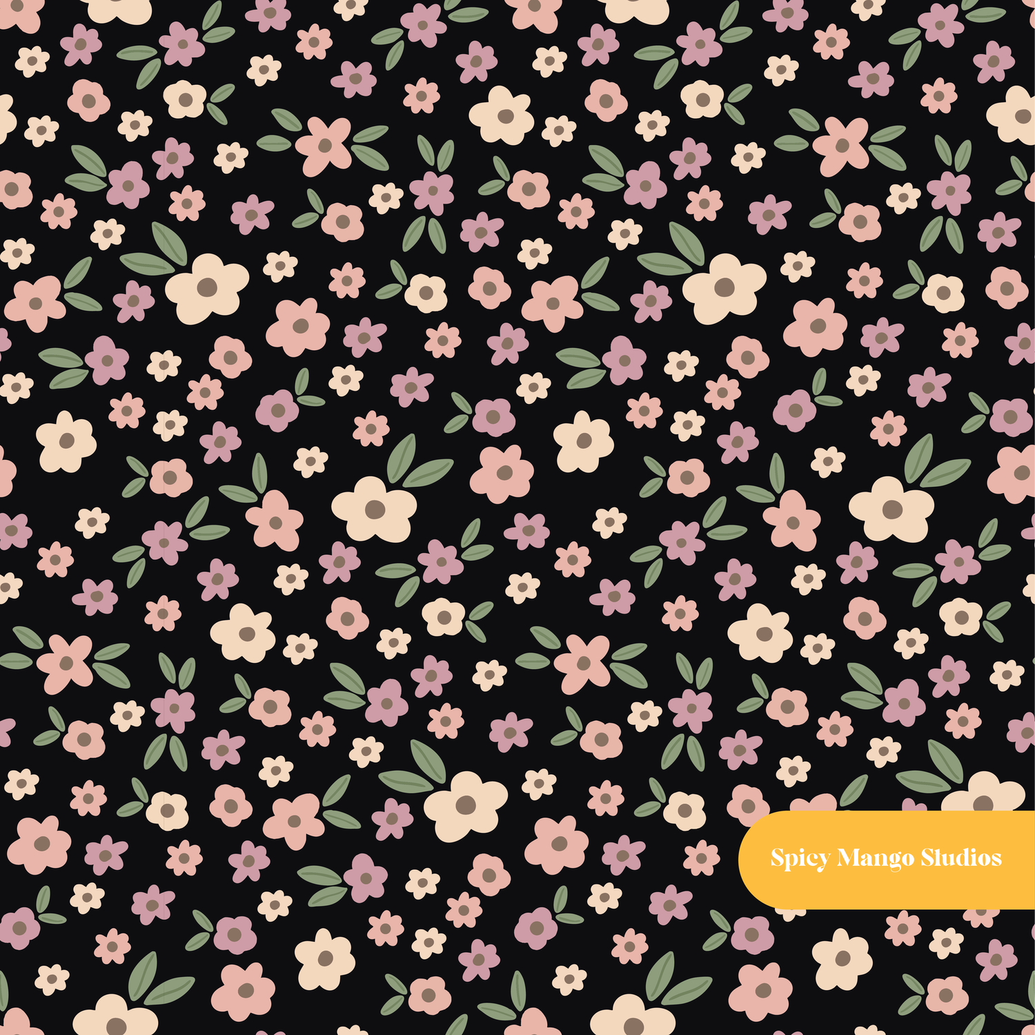 Black Fall Ditsy Floral Seamless Pattern
