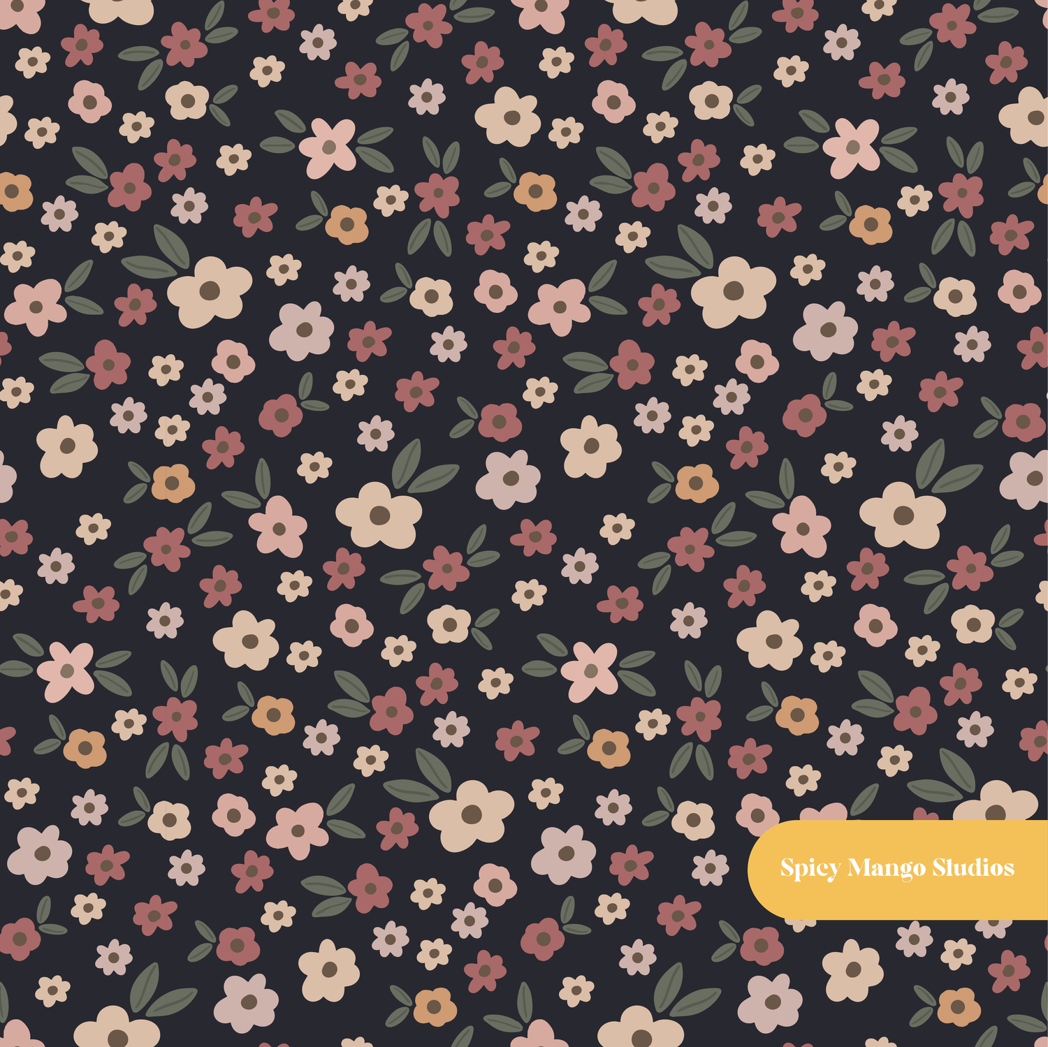 Dark Navy Fall Ditsy Floral Seamless Pattern