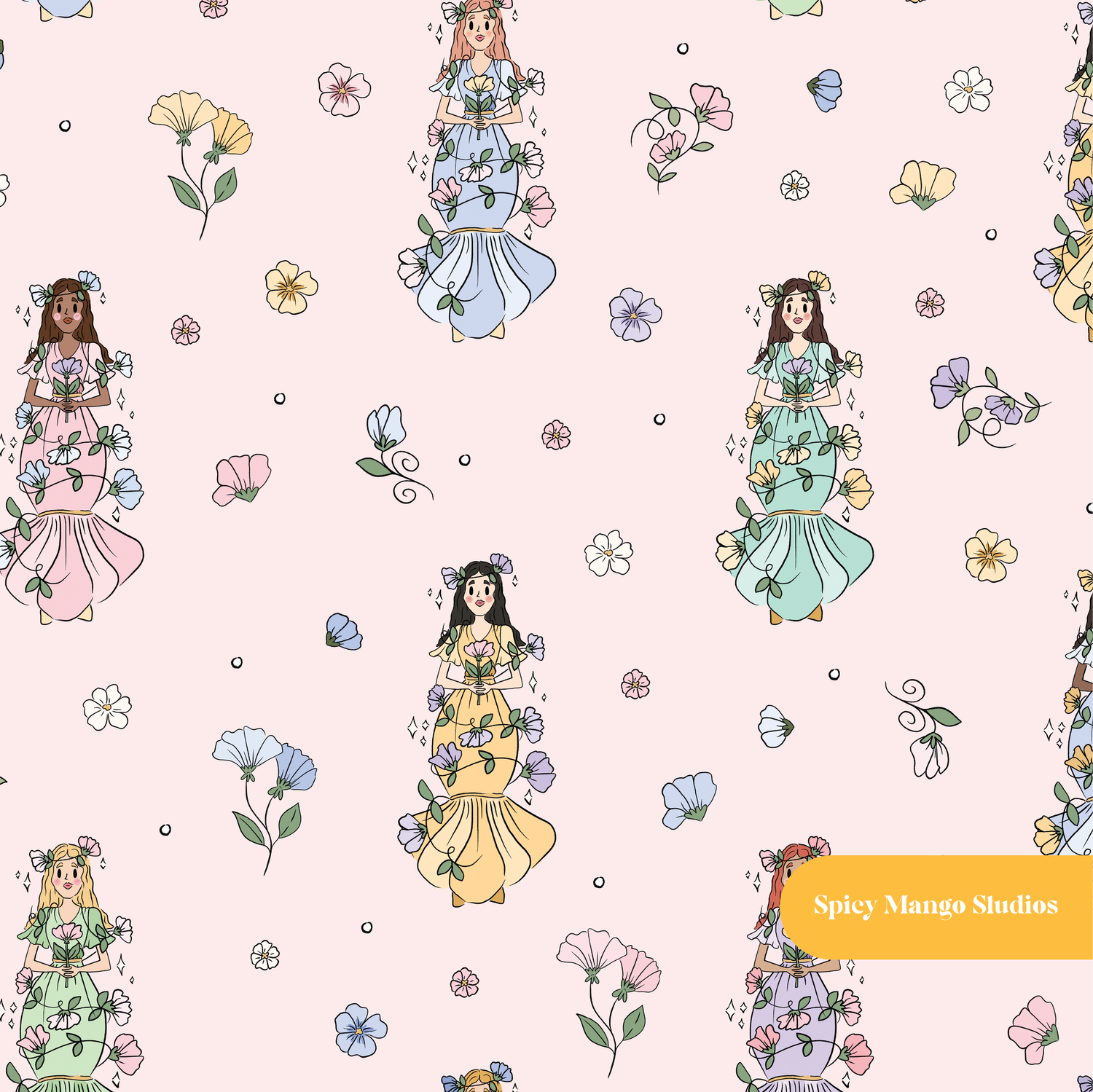 Pastel Pink Fairy Garden Floral Seamless Pattern