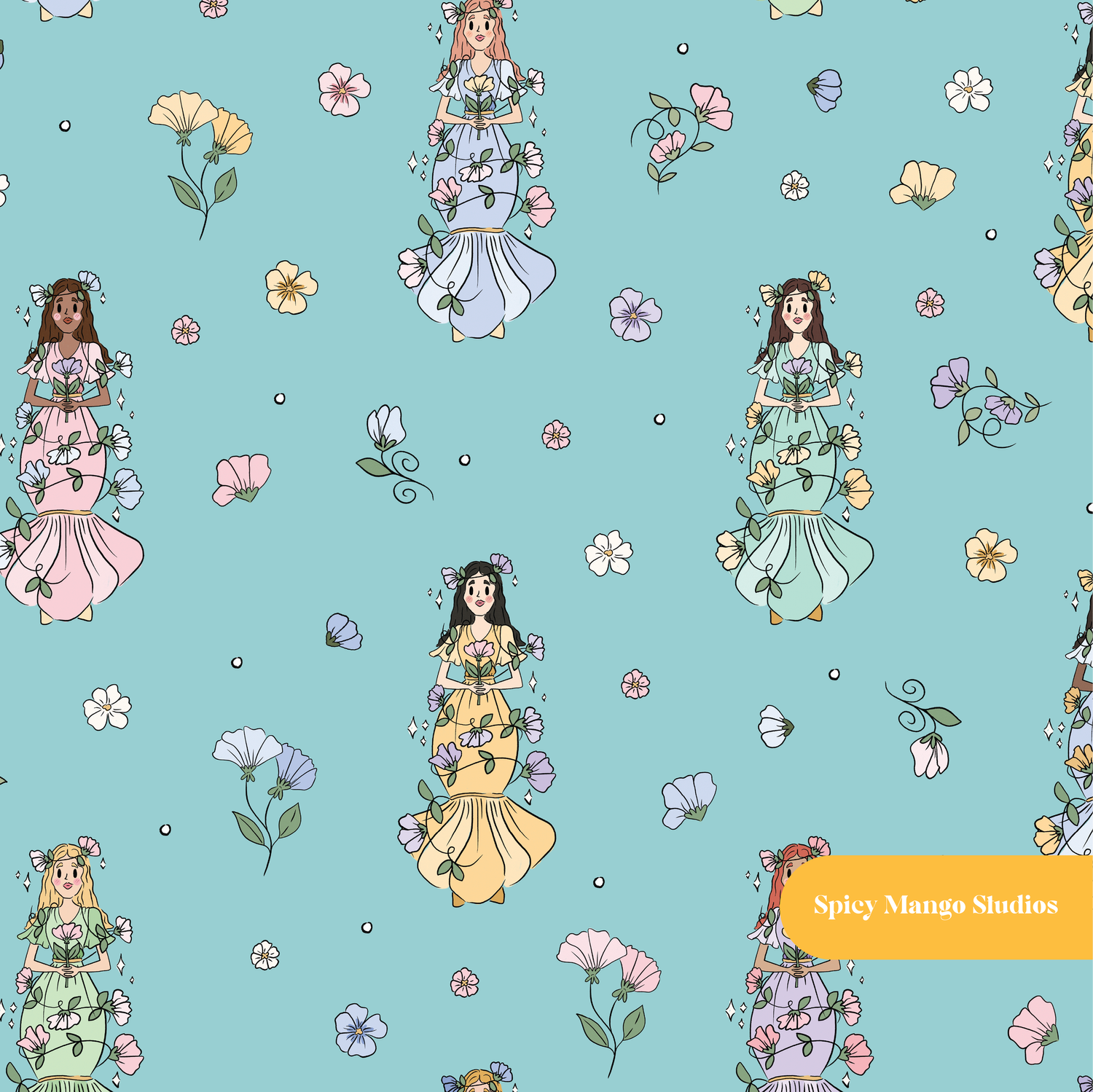 Teal Fairy Garden Floral Seamless Pattern