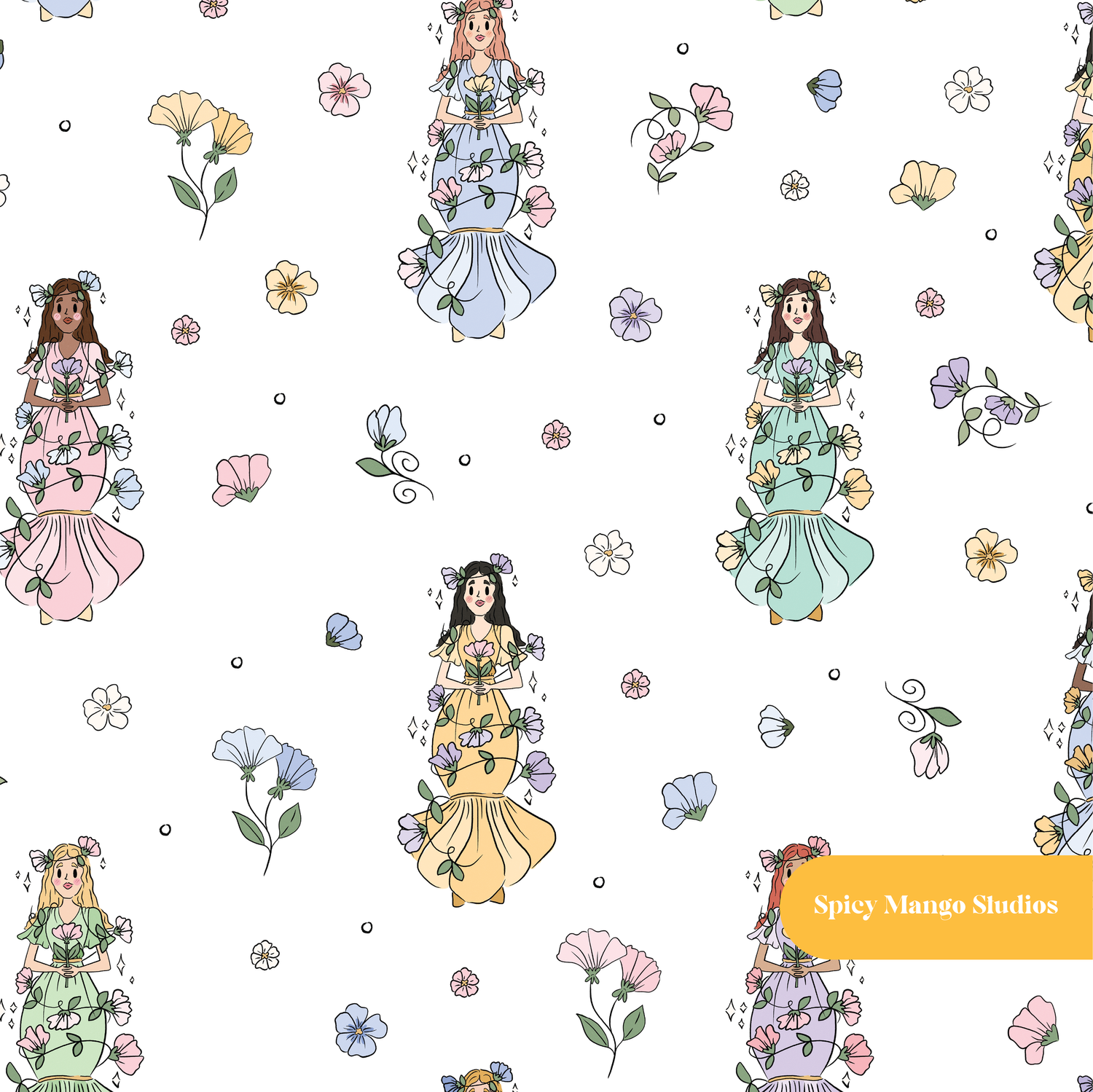 White Fairy Garden Floral Seamless Pattern