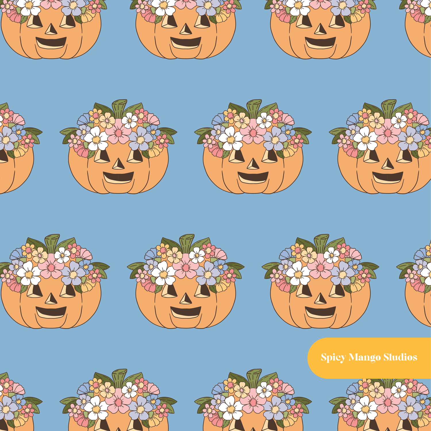 Dusty Blue Flower Crown Pumpkin Seamless Pattern