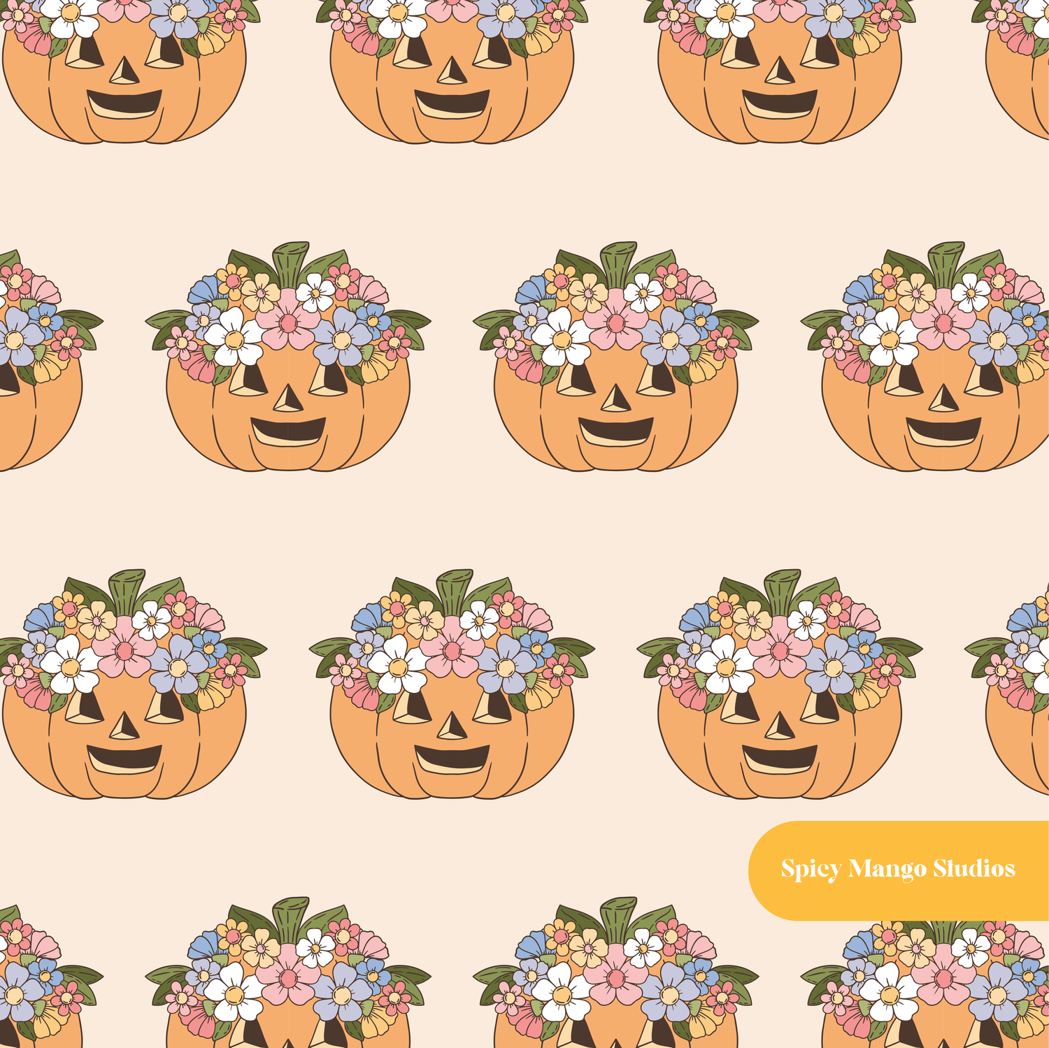Neutral Flower Crown Pumpkin Seamless Pattern