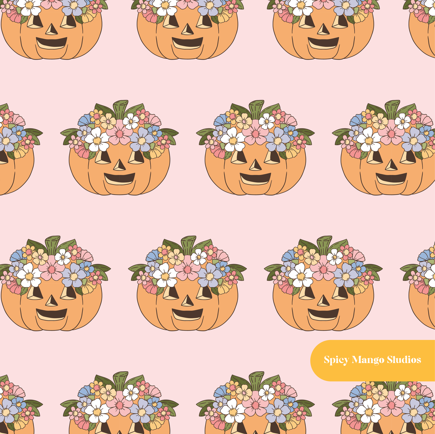 Pink Flower Crown Pumpkin Seamless Pattern