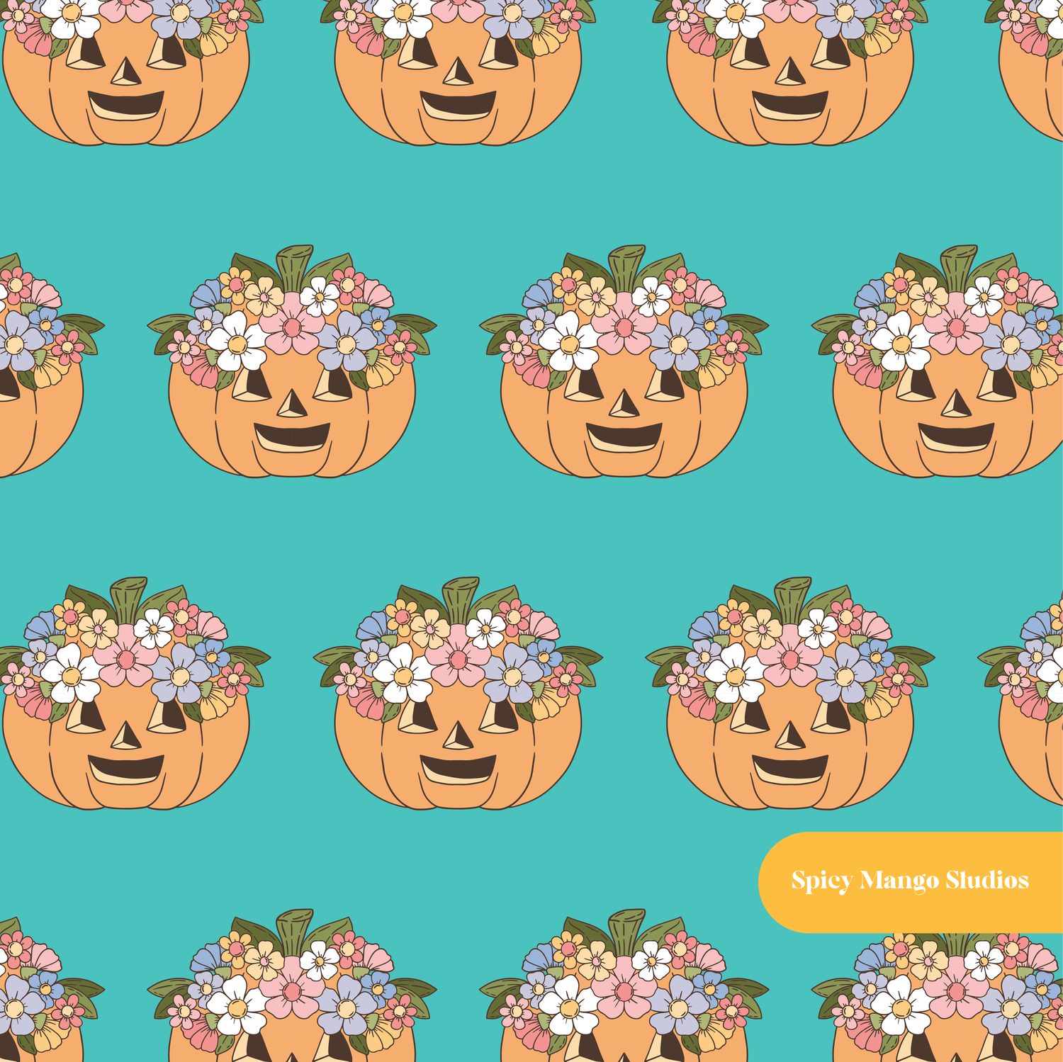 Teal Flower Crown Pumpkin Seamless Pattern