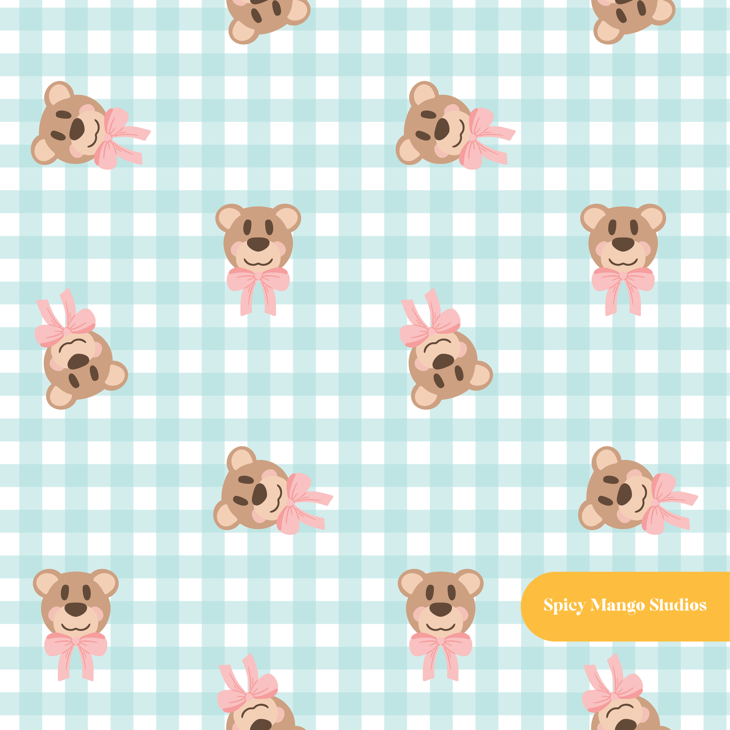 Aqua Gingham Fancy Bear Seamless Pattern