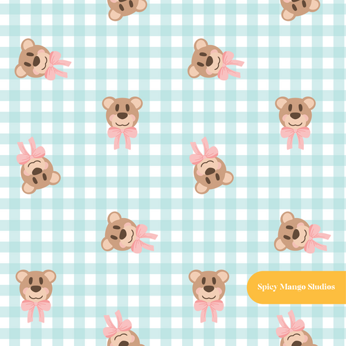 Aqua Gingham Fancy Bear Seamless Pattern