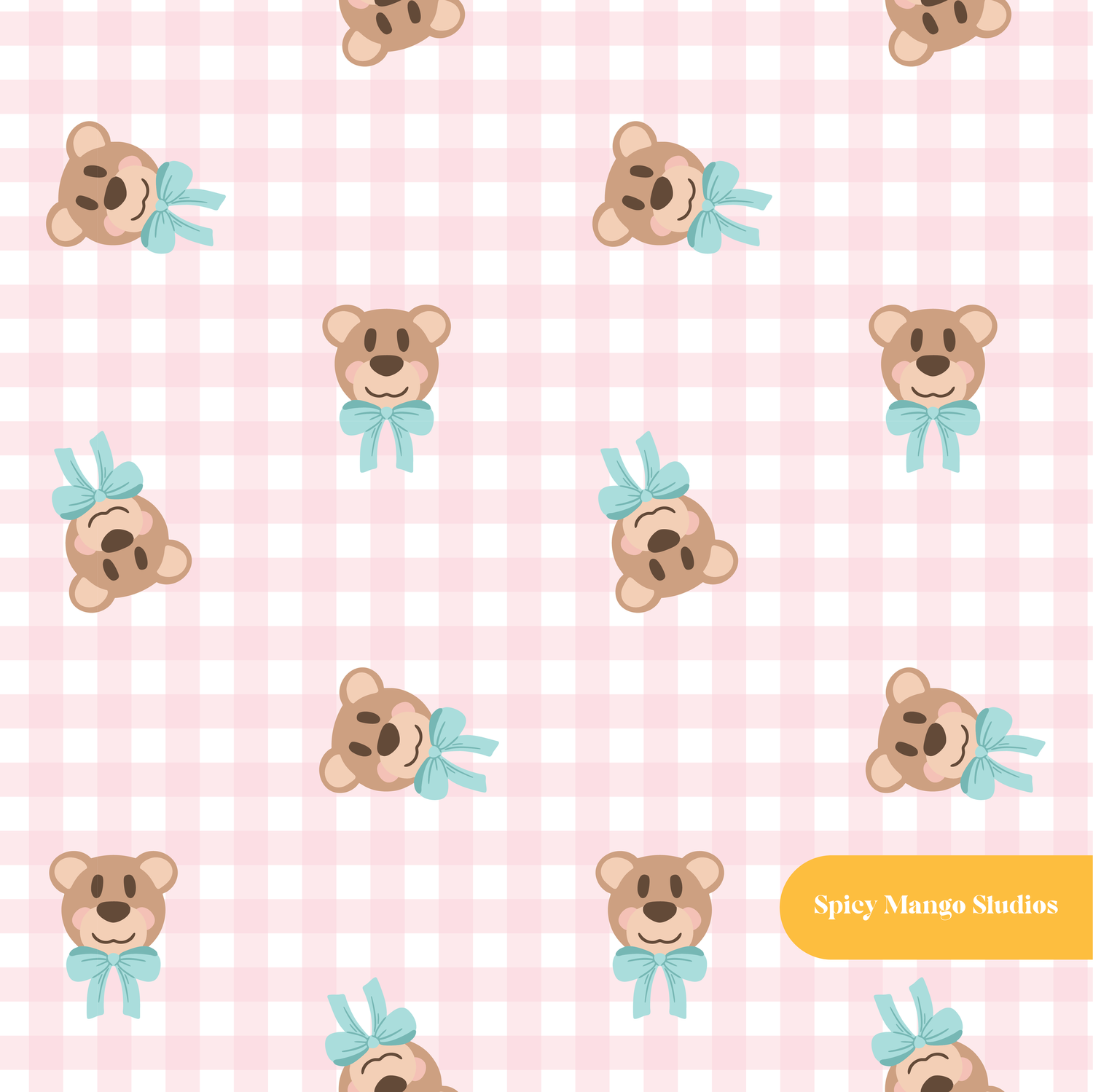 Pink Gingham Fancy Bear Seamless Pattern