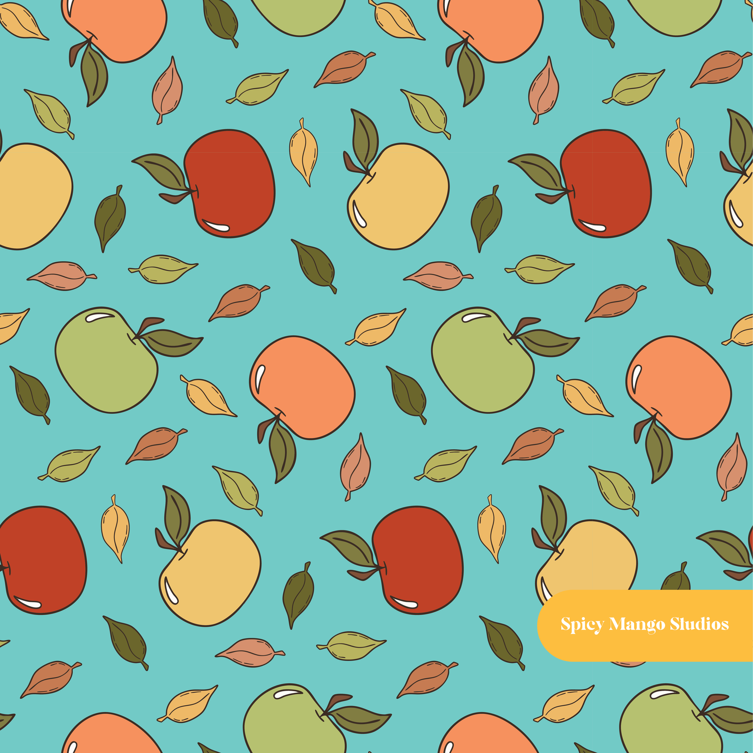 Teal Fall Apples Seamless Pattern – Back to School & Kitchen Digital Download
