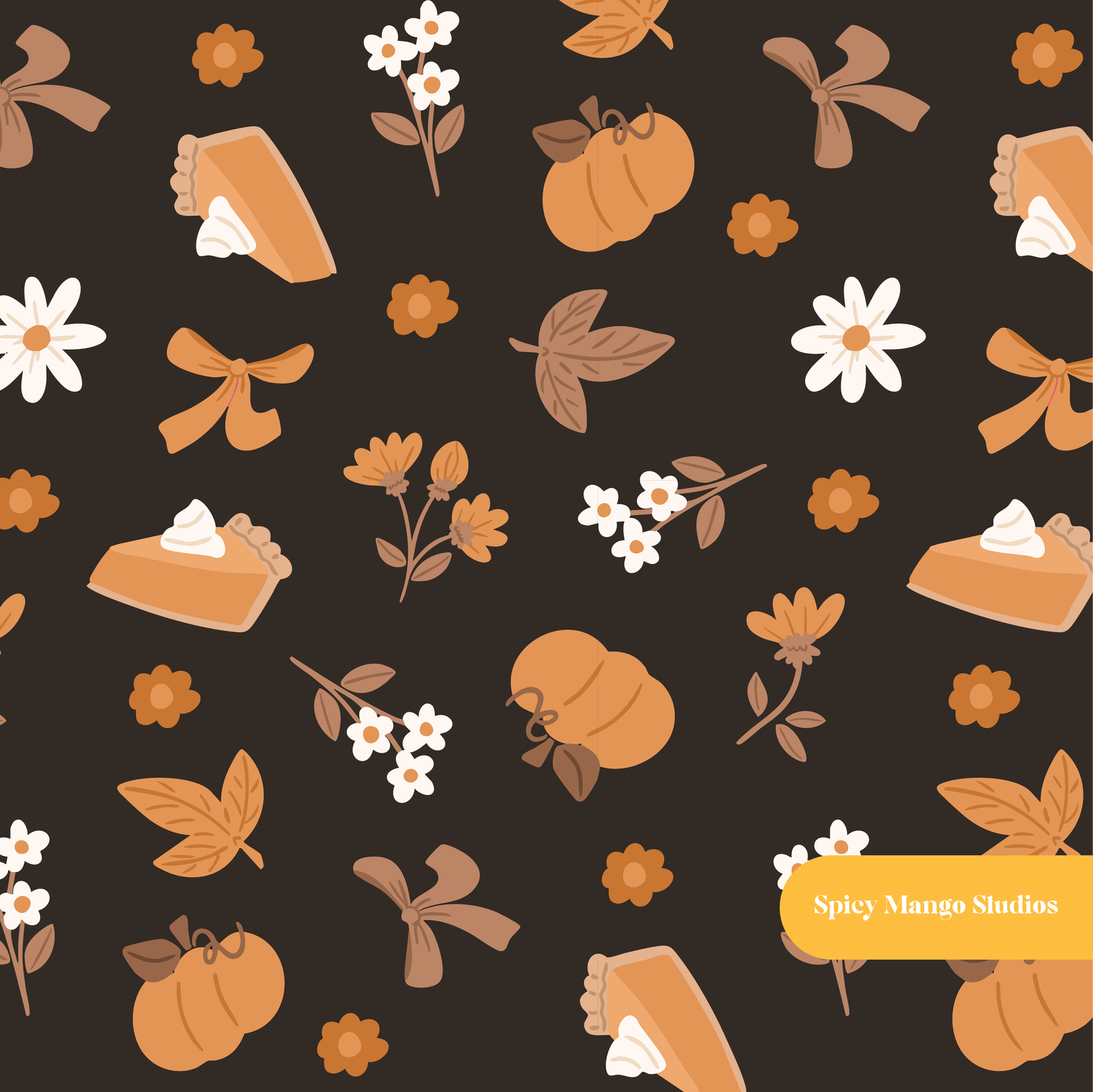 Dark Espresso Fall Pumpkin Medley Seamless Pattern