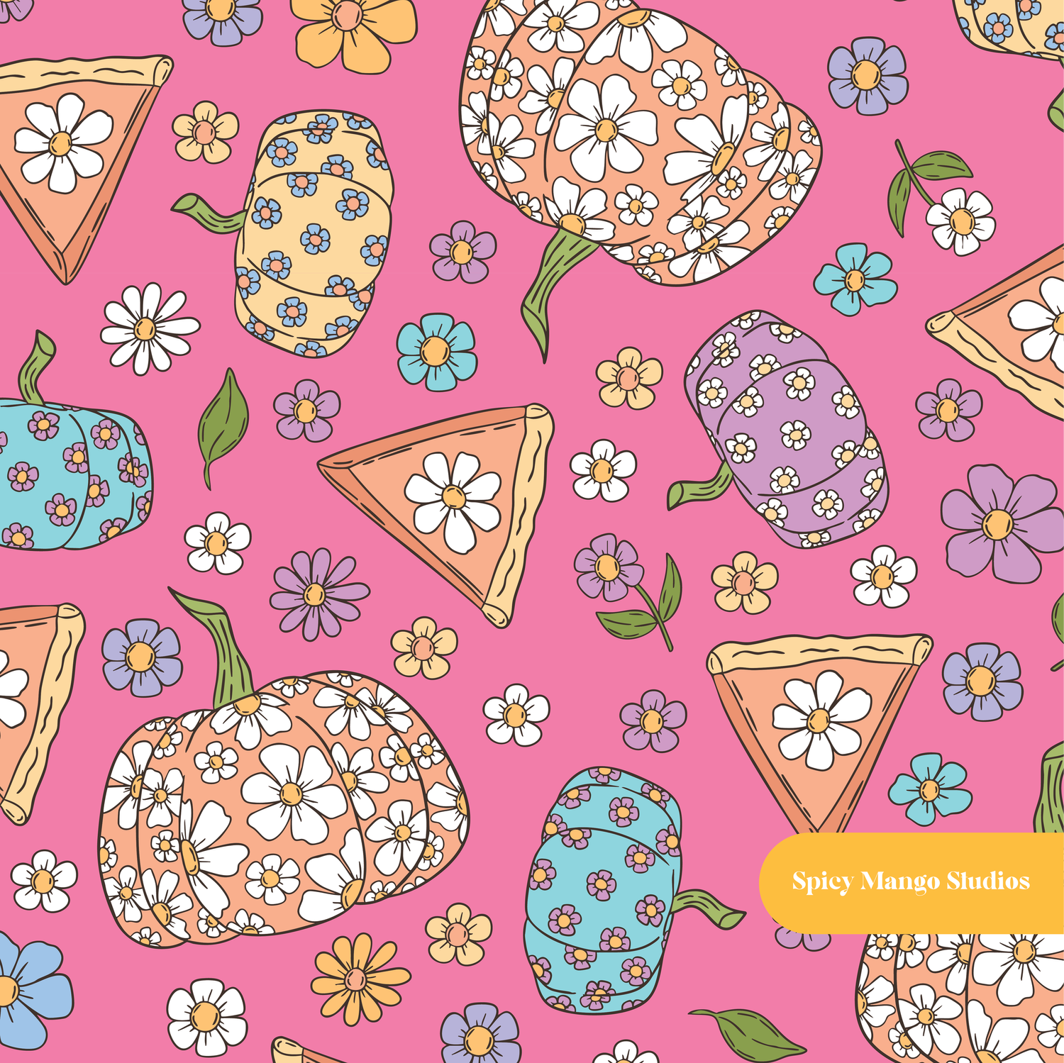 Dark Pink Flower Power Pumpkins Seamless Pattern