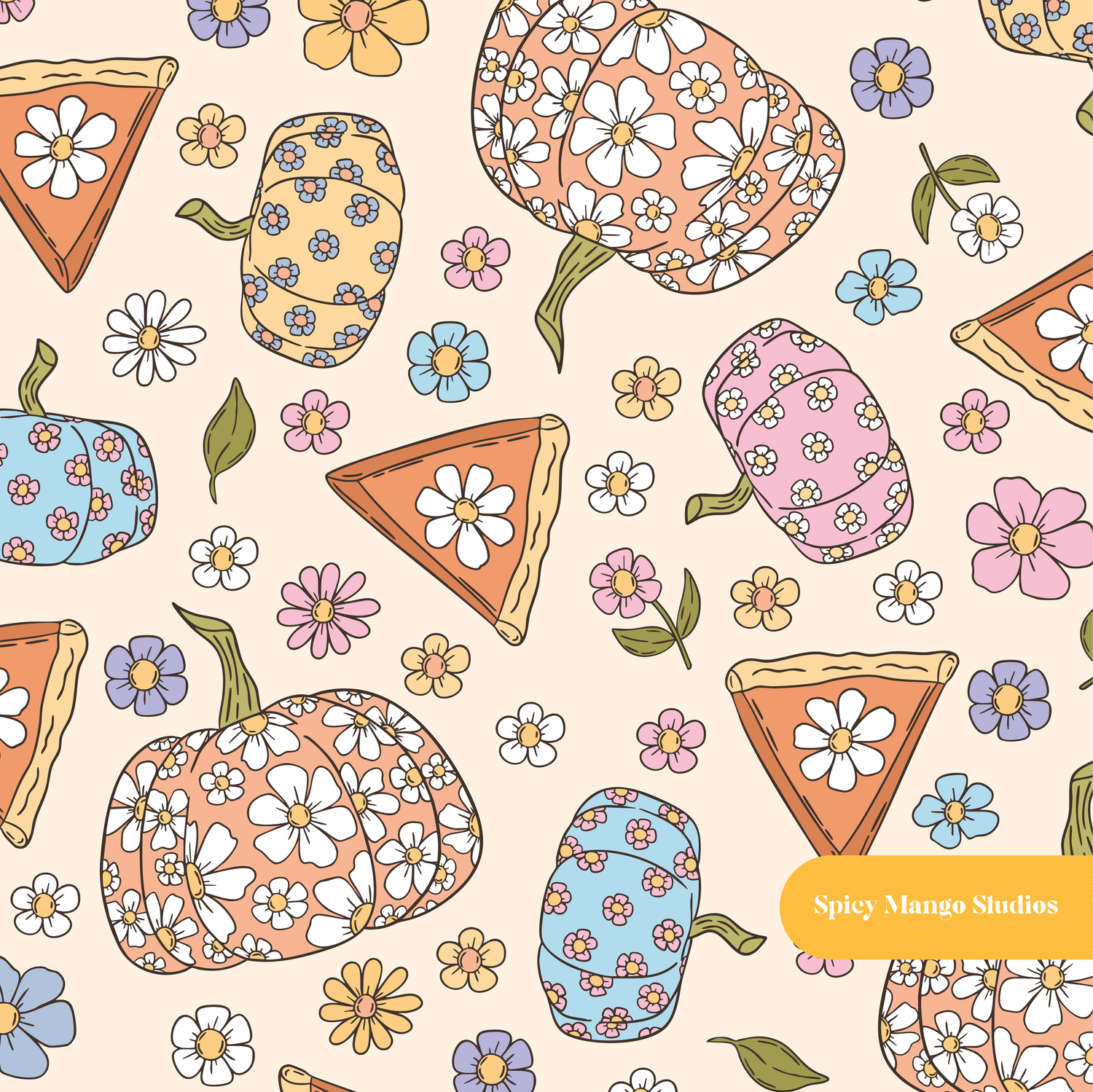 Neutral Flower Power Pumpkins Seamless Pattern
