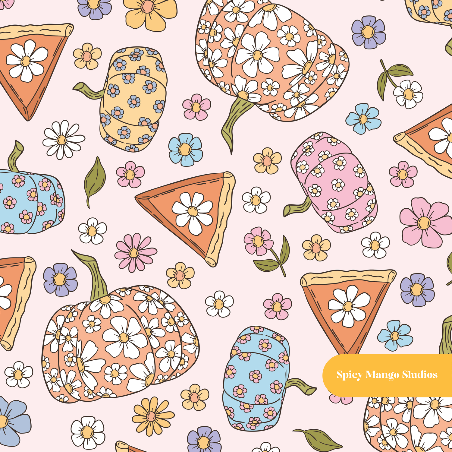 Pastel Pink Flower Power Pumpkins Seamless Pattern