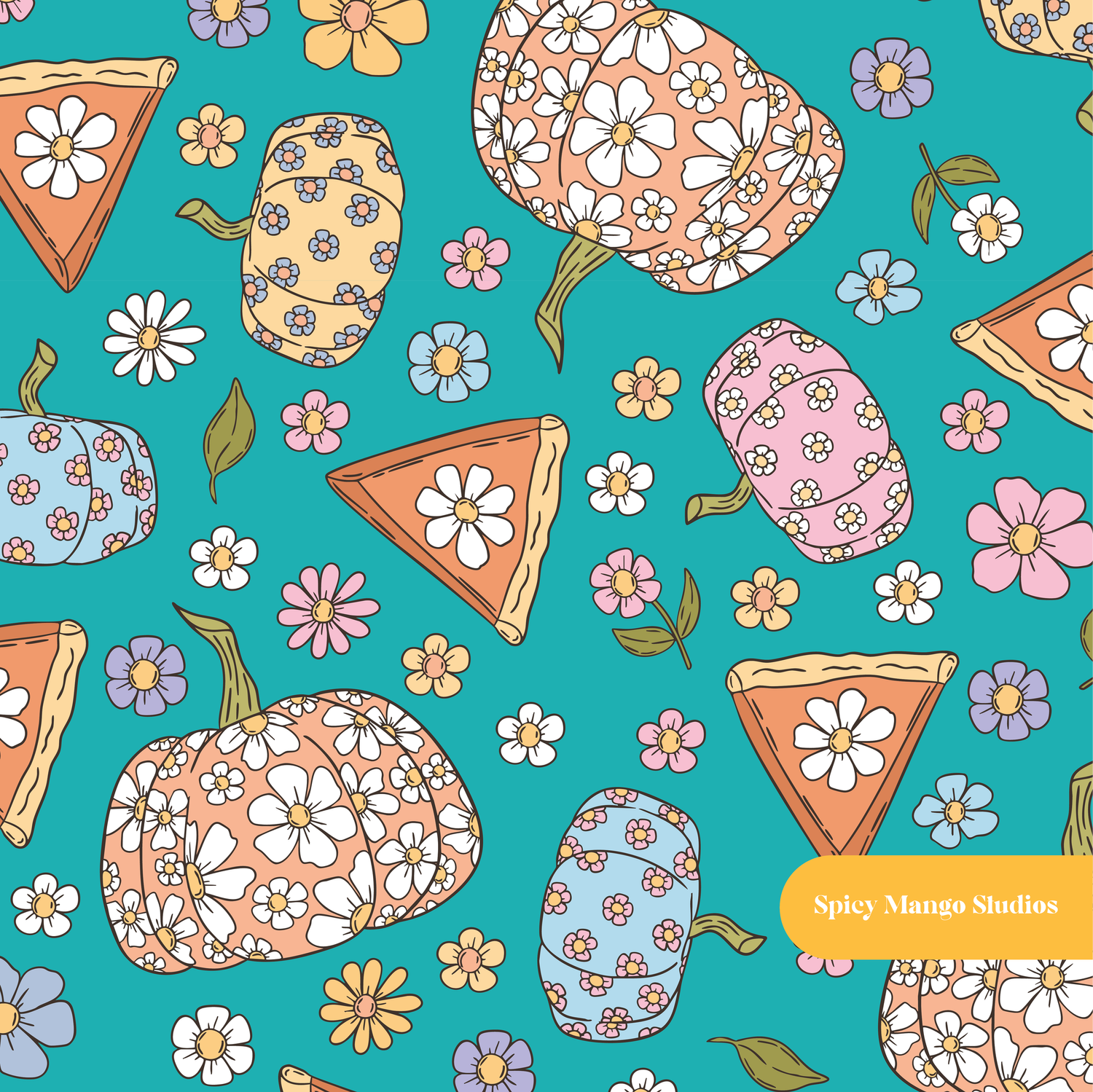 Teal Flower Power Pumpkins Seamless Pattern