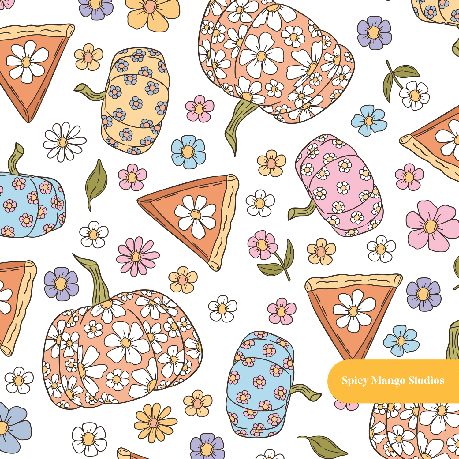 White Flower Power Pumpkins Seamless Pattern